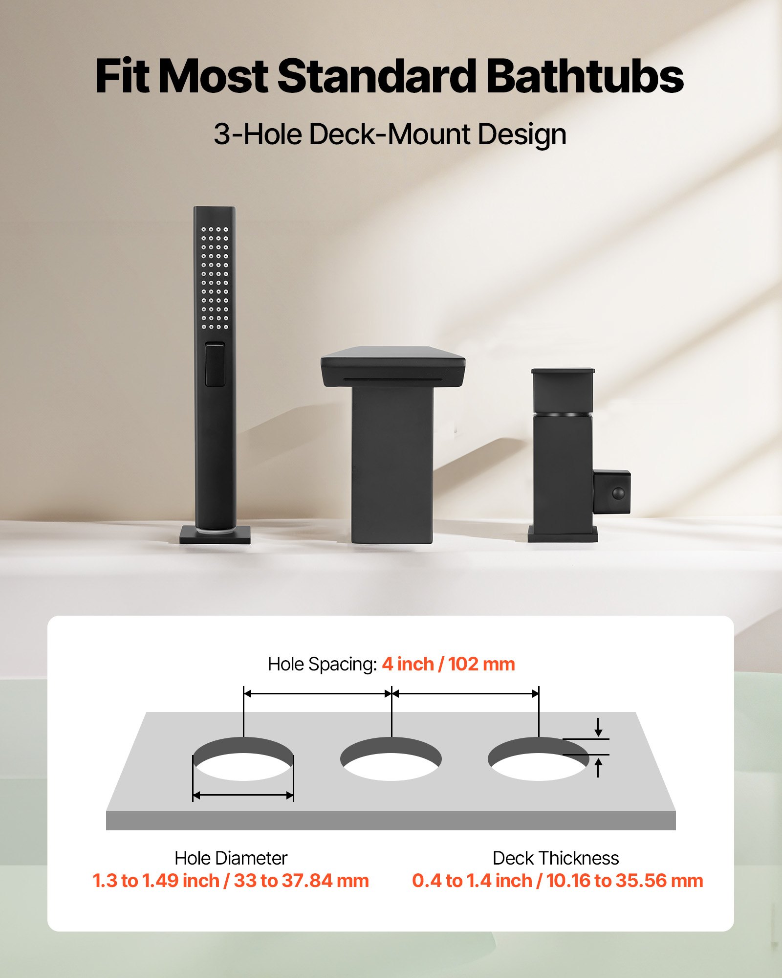 Fauceta de Baño Romano, 3 Hocicos con Cascada para Ducha y Lavabo, Kit de Accesorios para Perros, Adultos y Mascotas Acuáticas, Negro Mate, Acero Inoxidable — imagen 2