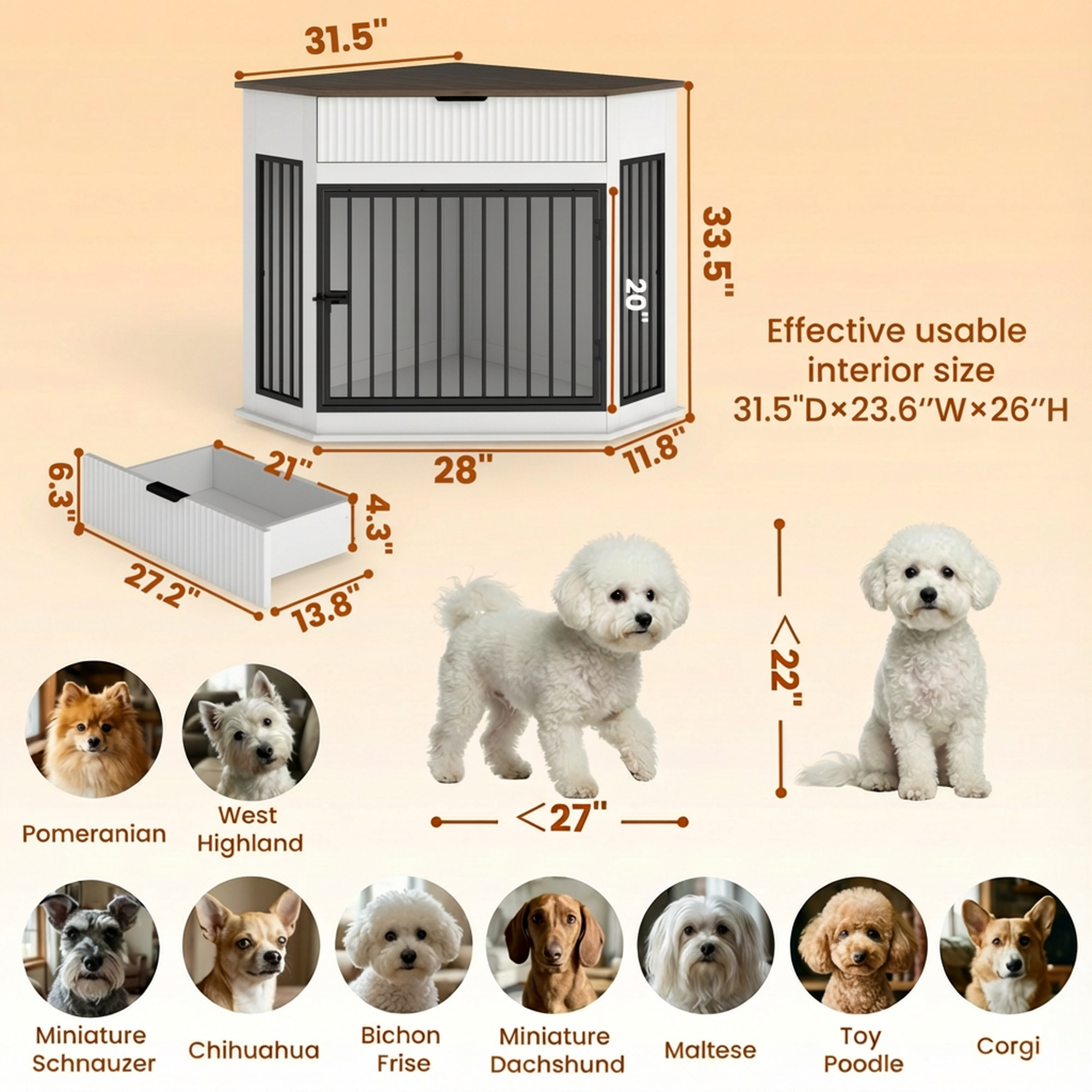 Jaula-Mueble de Esquina en MDF de 44.6" para Perros Pequeños/Medianos, Caseta Decorativa con Mesa Auxiliar y Cajón Acanalado de Almacenamiento, Gabinete Moderno para Jaula de Perro Que Ahorra Espacio, Para Decoración Interior, Blanco — imagen 4