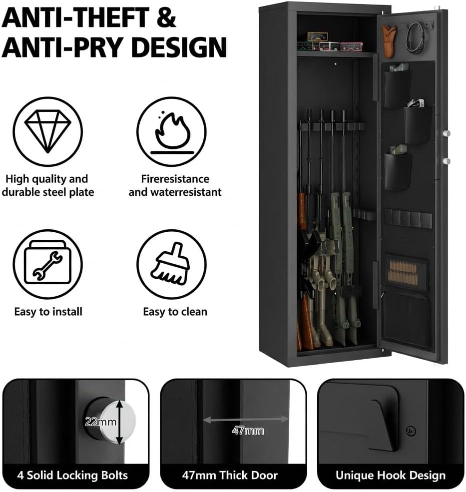 Caja Fuerte para 12-15 Armas, Rifles y Pistolas, Gabinete Grande con Cerradura Digital de Teclado, Caja de Seguridad de Acero Antipalanca, Estantes Ajustables y Funda para Pistola para Defensa del Hogar y Almacenamiento de Caza — imagen 10