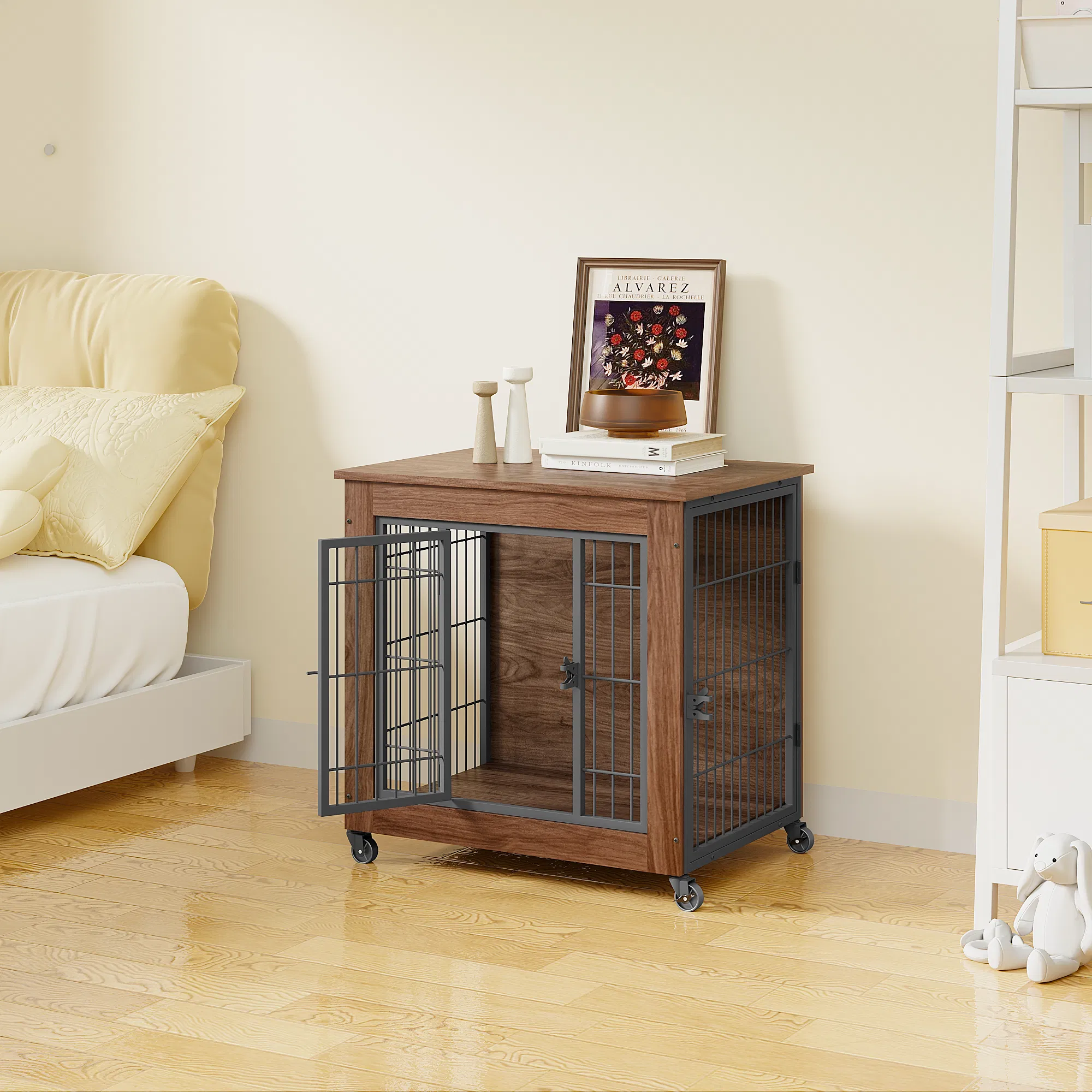 27.2" Dog Crate Furniture with Wheels for Small Dogs, Heavy Duty Dog Kennel Indoor with 2 Doors, Wooden Pet Cage End Table, Double-Doors Sturdy Metal Dog Cage for Anxiety Dog — image 9