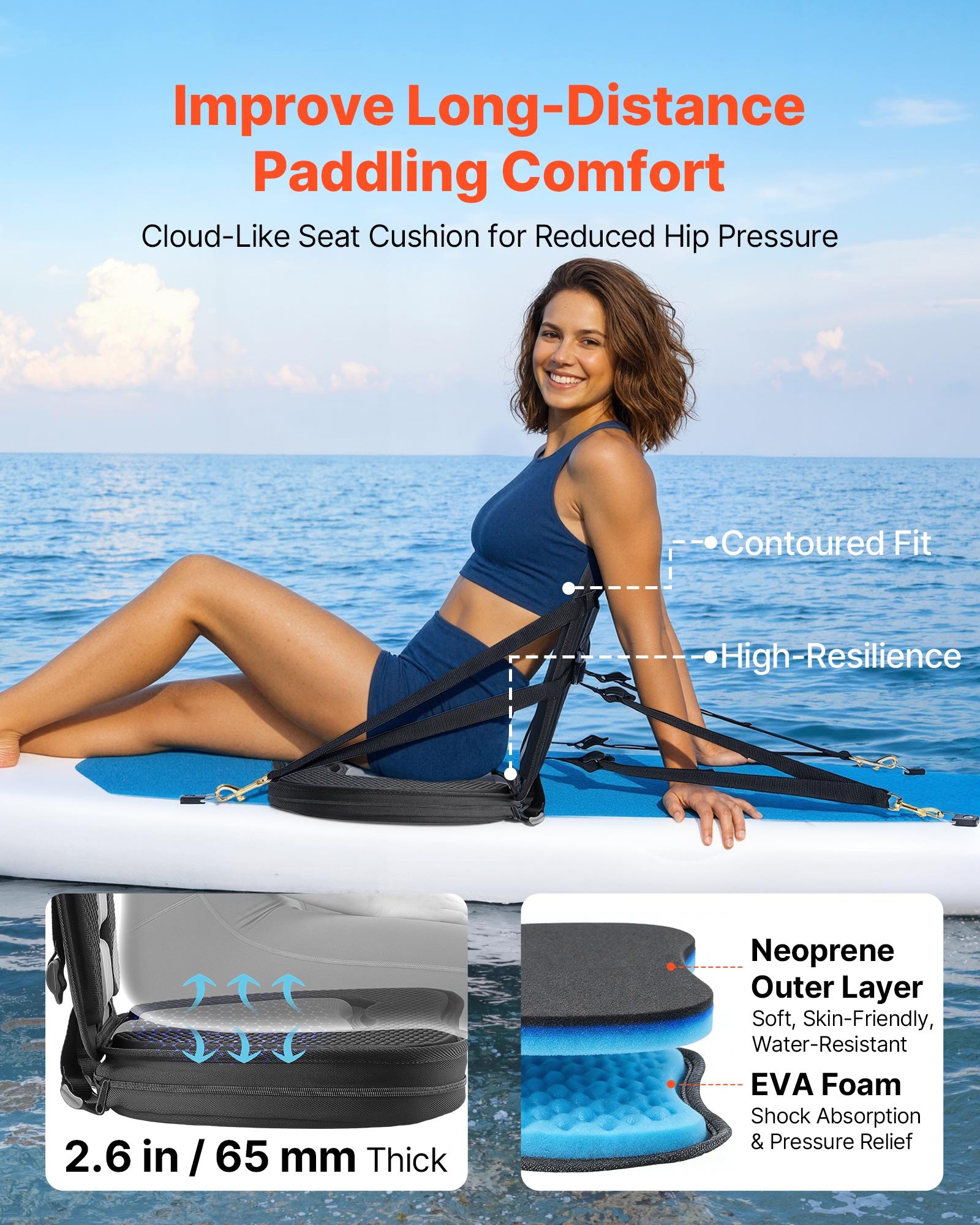 Kayak Seat, 1 Pack 2.6" Thick, Universal Paddle Board Seat With Back Support, Sit-on-Top Soft Padded Cushion With Storage Bag & Adjustable Straps For SUP, Canoe, Fishing Boat, Inflatable Kayak — imagen 3