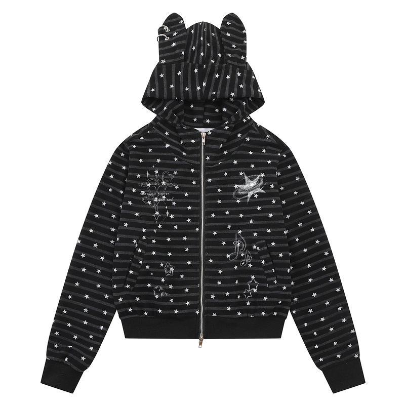 Pink and white striped star rabbit ear hooded cardigan — image 3