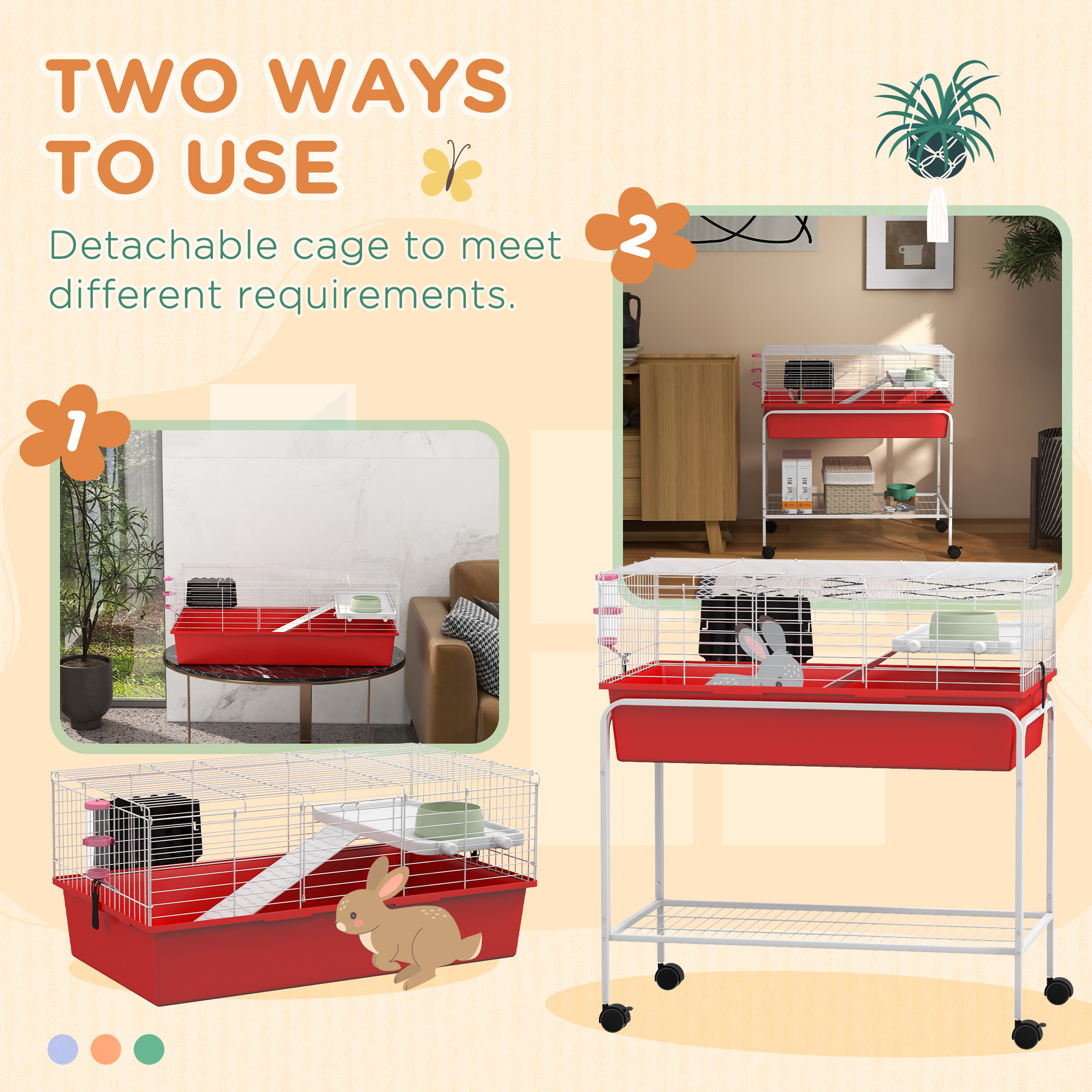 Two-Story Small Animal Cage Removable From Stand, Pet Habitat With Shelf & Wheels, 33" X 18.5" X 35", Red — imagen 3