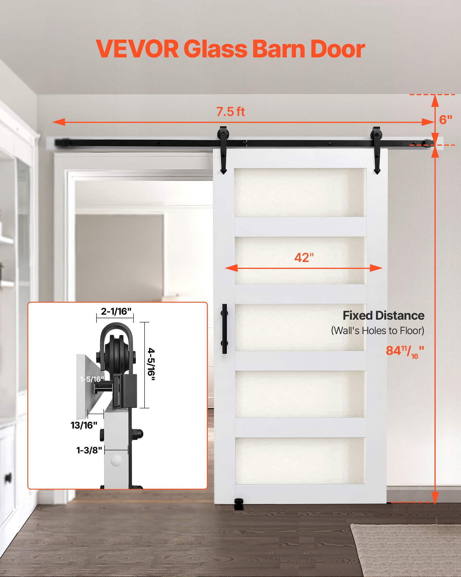 Sliding Barn Door, 42 X 84 Inch, High-Strength MDF Panel And Glass, Barn Door With Hardware Kit, Water-Proof PVC Surface, Easy To Install, H-Frame, Smoothly And Quietly Sliding For Living Room — imagen 5