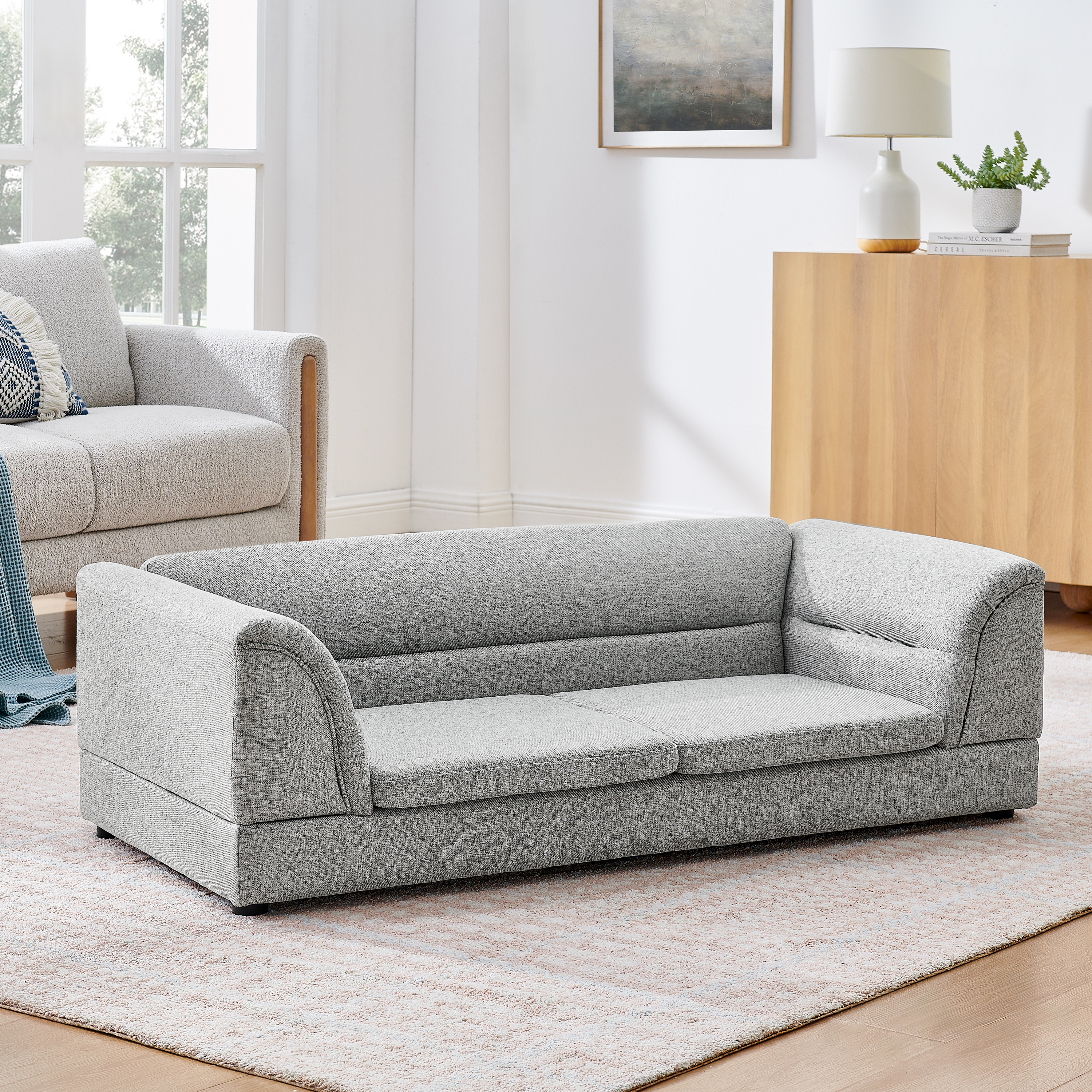 Silla de Comodidad para Mascotas Grande, Sofá Rectangular con Brazo Curvo en Tela de Lino para Perros Grandes - GRIS CLARO X — imagen 9