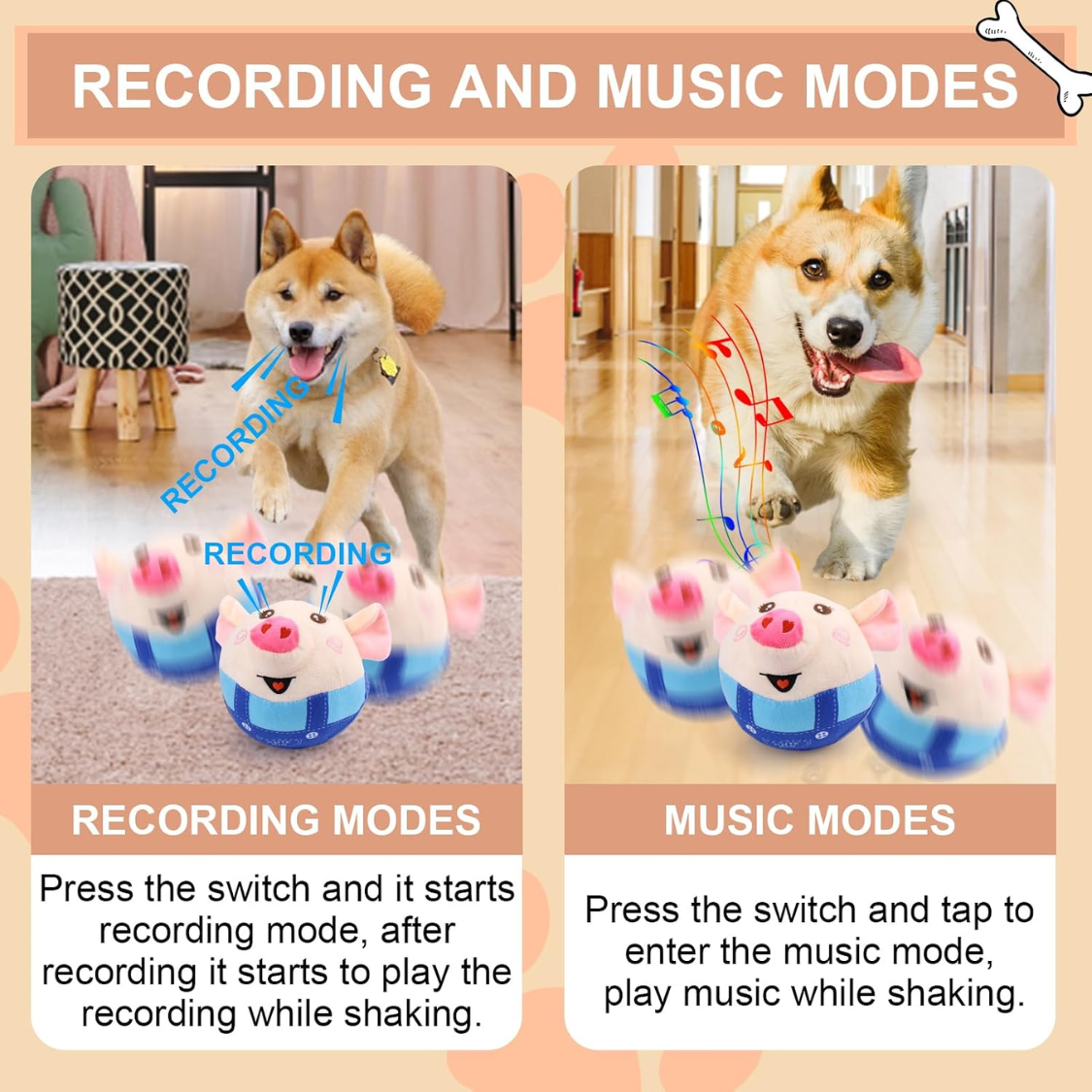 Interactive Dog Toys Pig, Jumping Squeaky Dog Toys With Recording And Music Modes, Rechargeable Moving Dog Chew Toys — image 4