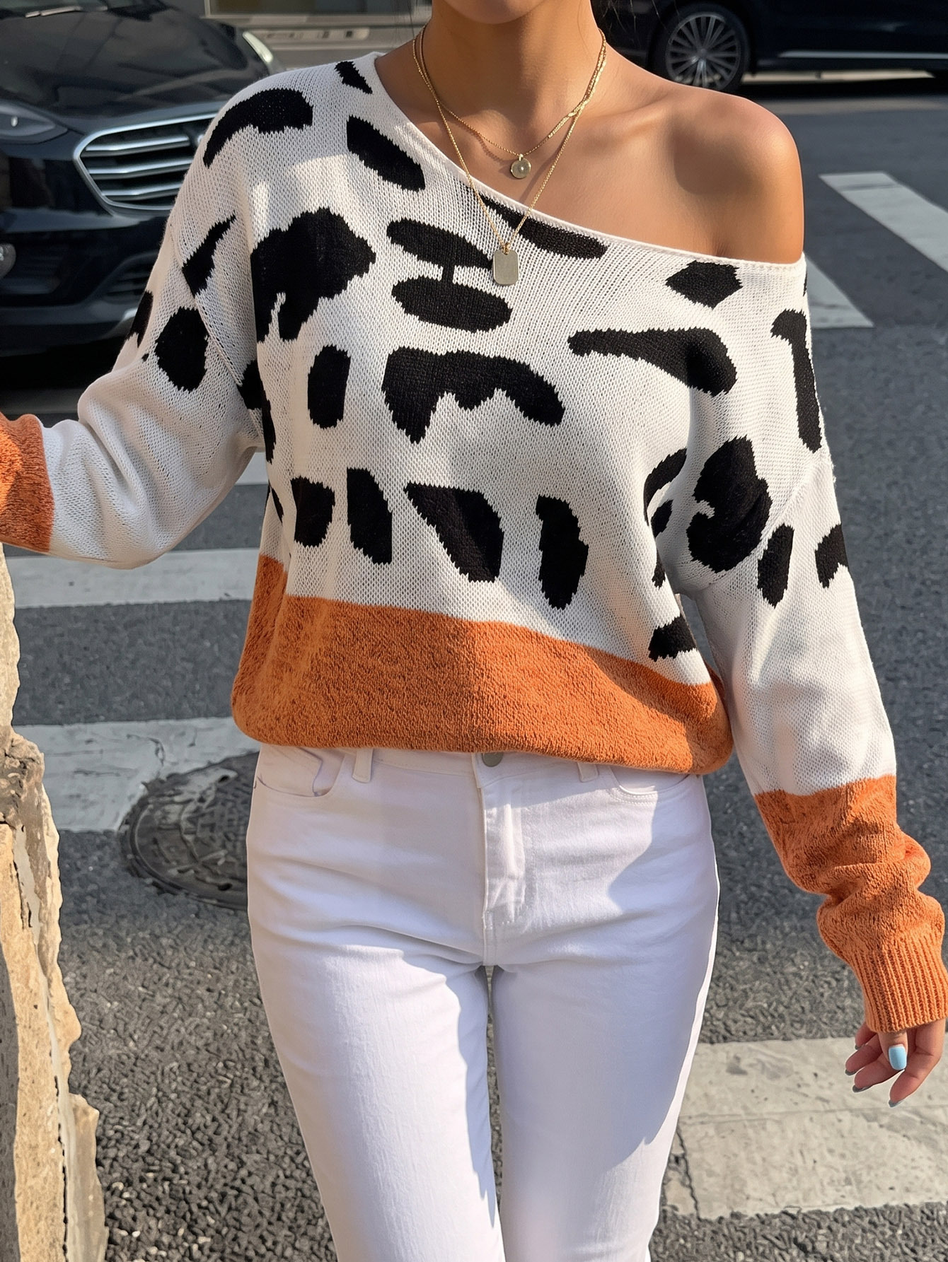 Lady's Pullover Knit Sweater Leopard Print Drop Shoulder Off-Shoulder Neckline — image 8