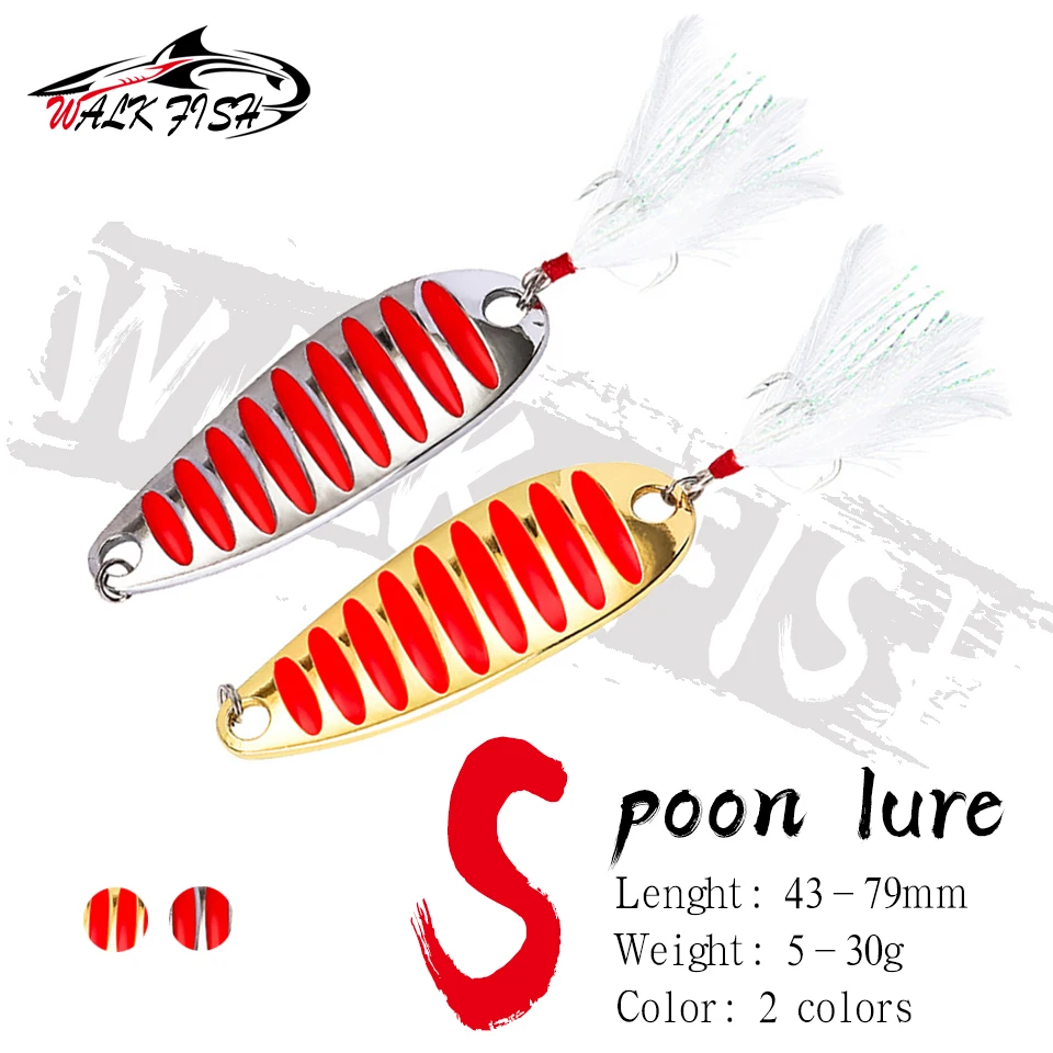 Cuchara de pesca WALK FISH - Linternas de pesca metálicas pesadas 5g/7g/10g/15g/20g/30g en oro y plata con atracones de pluma — imagen 1