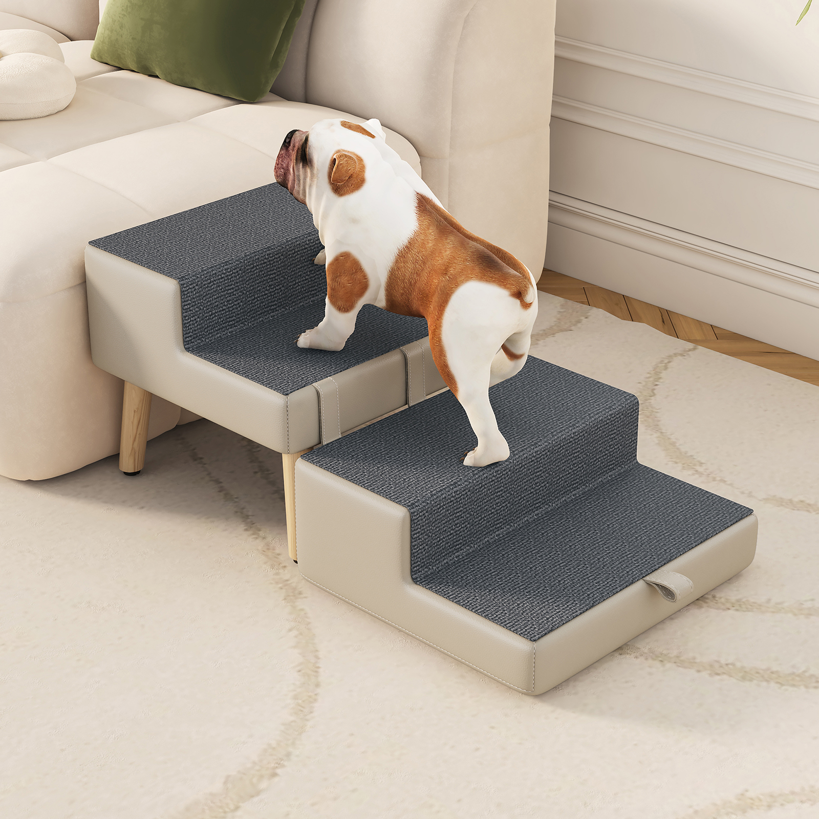 4-Step Ottoman Dog Stairs, 2-in-1 Foldable Pet Ramp for Bed, Dog Ramp for Small Puppy and Cats, Sturdy Wood Frame Support with Non-slip walking surface, Holds Up To 220lbs ( Light Grey Color ) — image 5