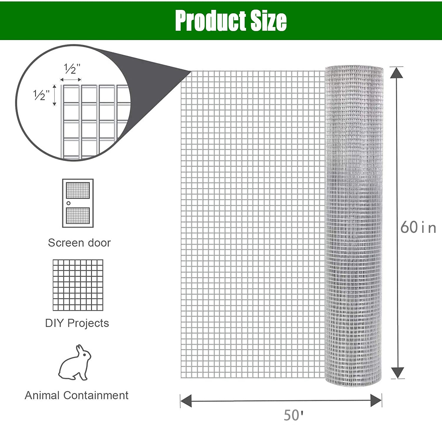 Malla de Alambre de Cable Galvanizado en Rollo 60''x50', 1-2cm x 1-2cm 19GA Acero Inoxidable con Recubrimiento Vinilo, Caja para Jardín y Protección Animal — imagen 4