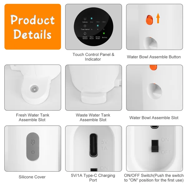 Filtro de Agua Inteligente para Mascotas, Bomba Automática para Gatos 3L y 101oz Sin Cable Recargable con 3 Niveles de Volumen y 3 Intervalos Horarios Control Táctil — imagen 4