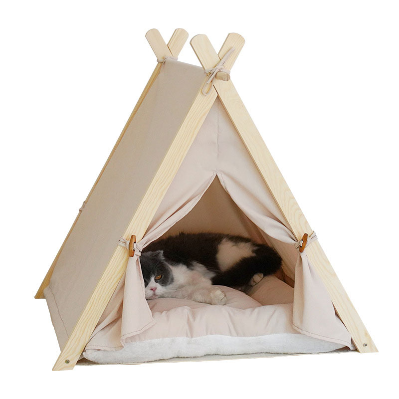 Four Seasons Pet Nest Removable and Washable Beige Stripe Canvas Solid Wood Tent Cat Nest Dog Bed — image 5