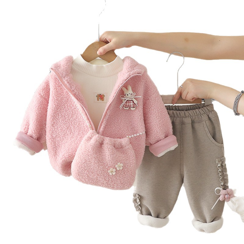 Girls' Floral Rabbit Print Fleece Lined Winter Three-Piece Set — image 6