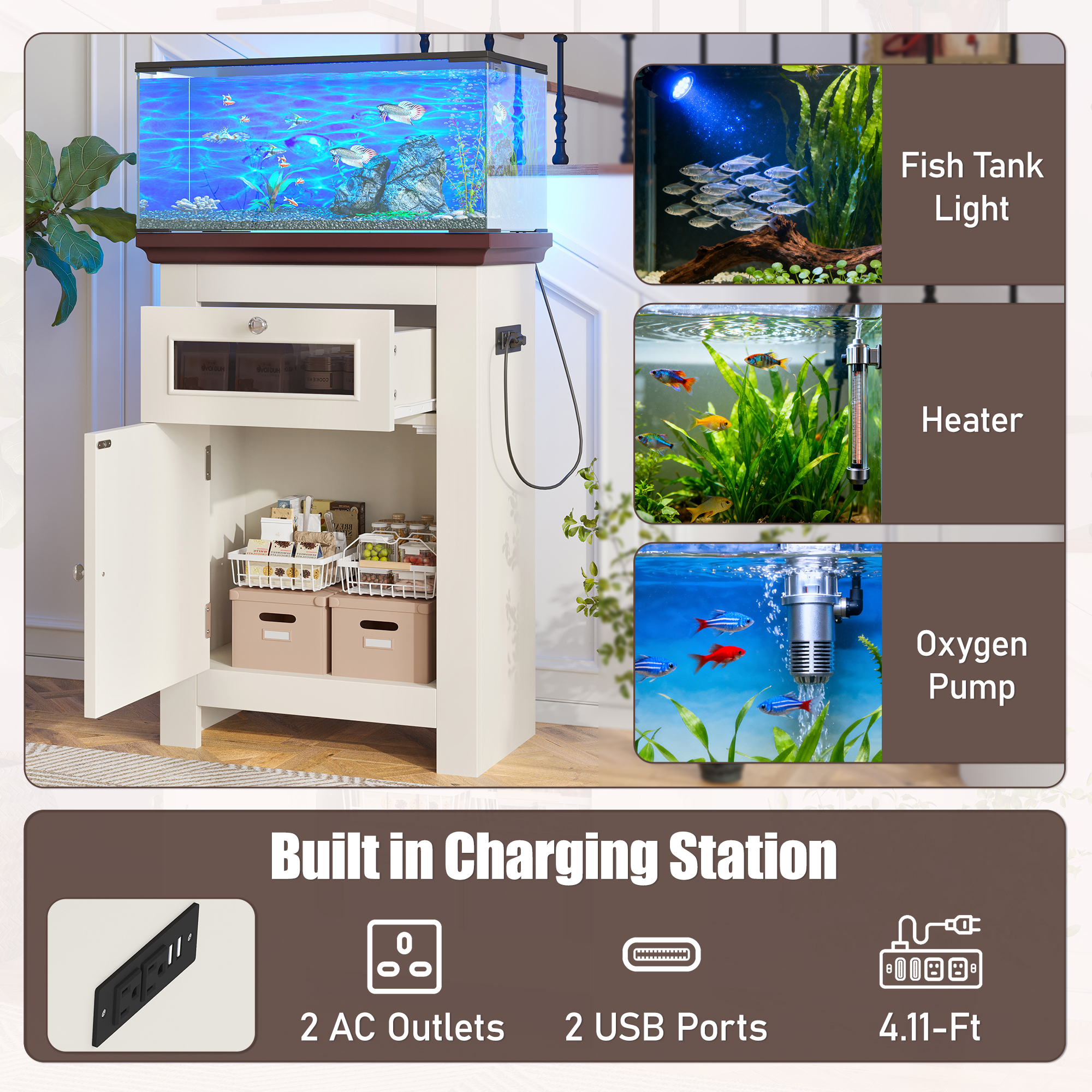 Mueble para Pecera de 10-15 Galones, Base para Acuario con Tomas de Corriente, Capacidad de 198LBS, Mesa para Pecera con Gabinete de Almacenamiento y Cajón, Mesa para Acuario o Terrario de Reptiles — imagen 2