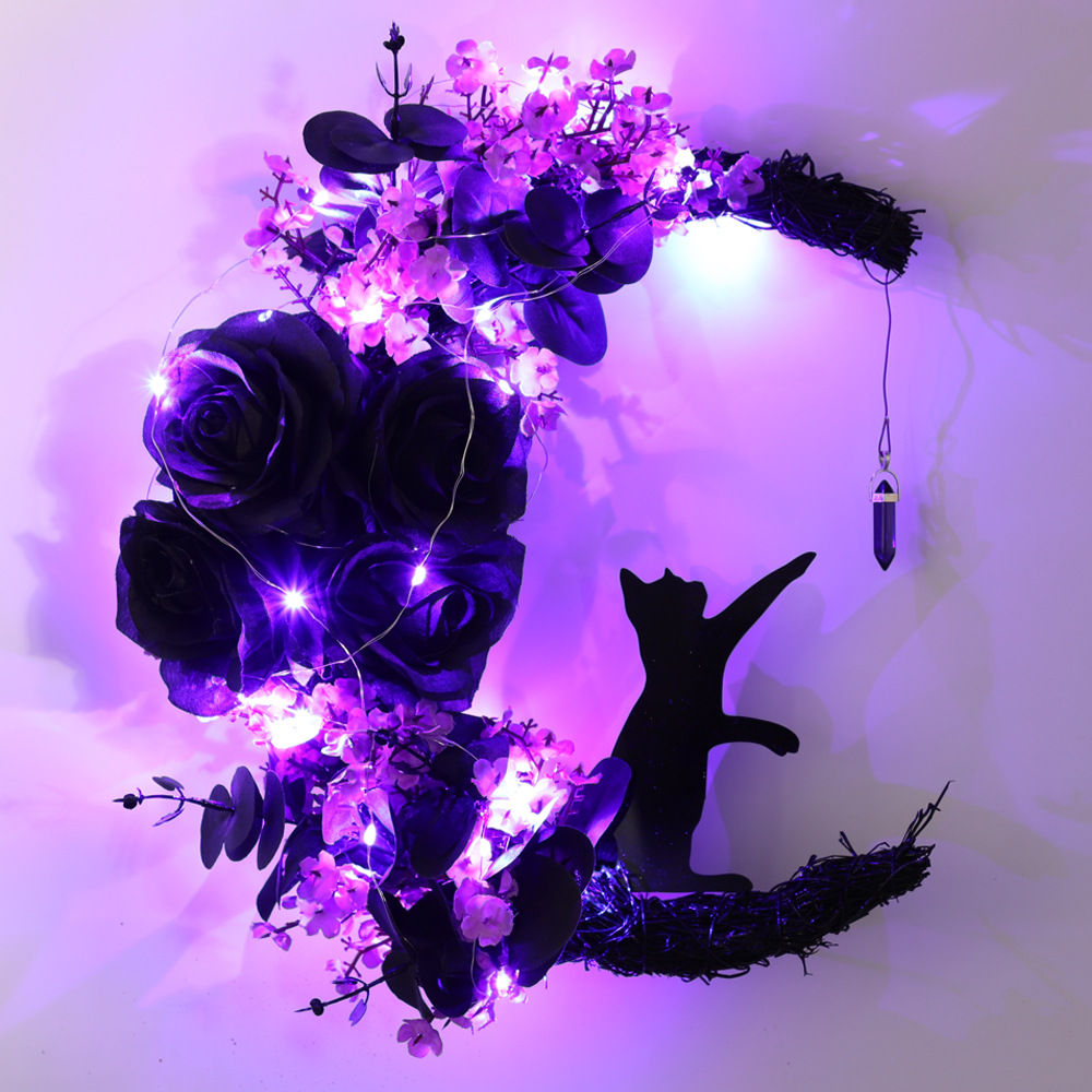Halloween Moon Cat Wreath Decoration LED Black Rose Dry Branch Artificial Vine Circle Ornament Props — image 1