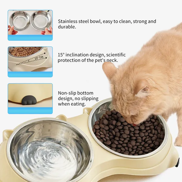Comedero doble para gatos con base antideslizante, blanco, tazones de acero inoxidable para comida y agua, fácil de limpiar y desmontable — imagen 2