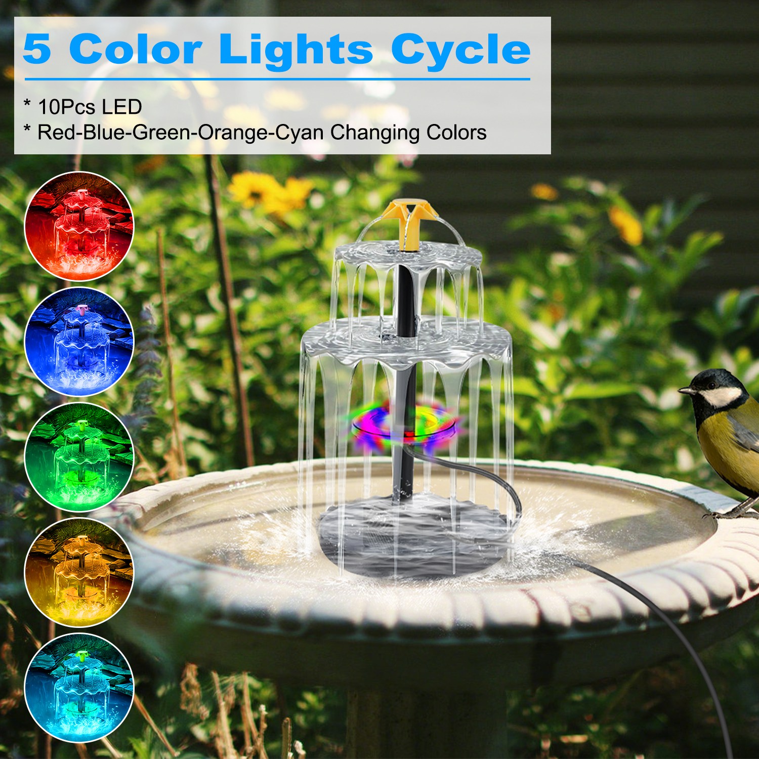 3Tier Solar Bird Bath Fountain Solar Powered Water Fountain Waterfall Feature With Colorful Light 3 Nozzles 6W Solar Panel For Bird Bath Patio Yard Pond Garden — image 1