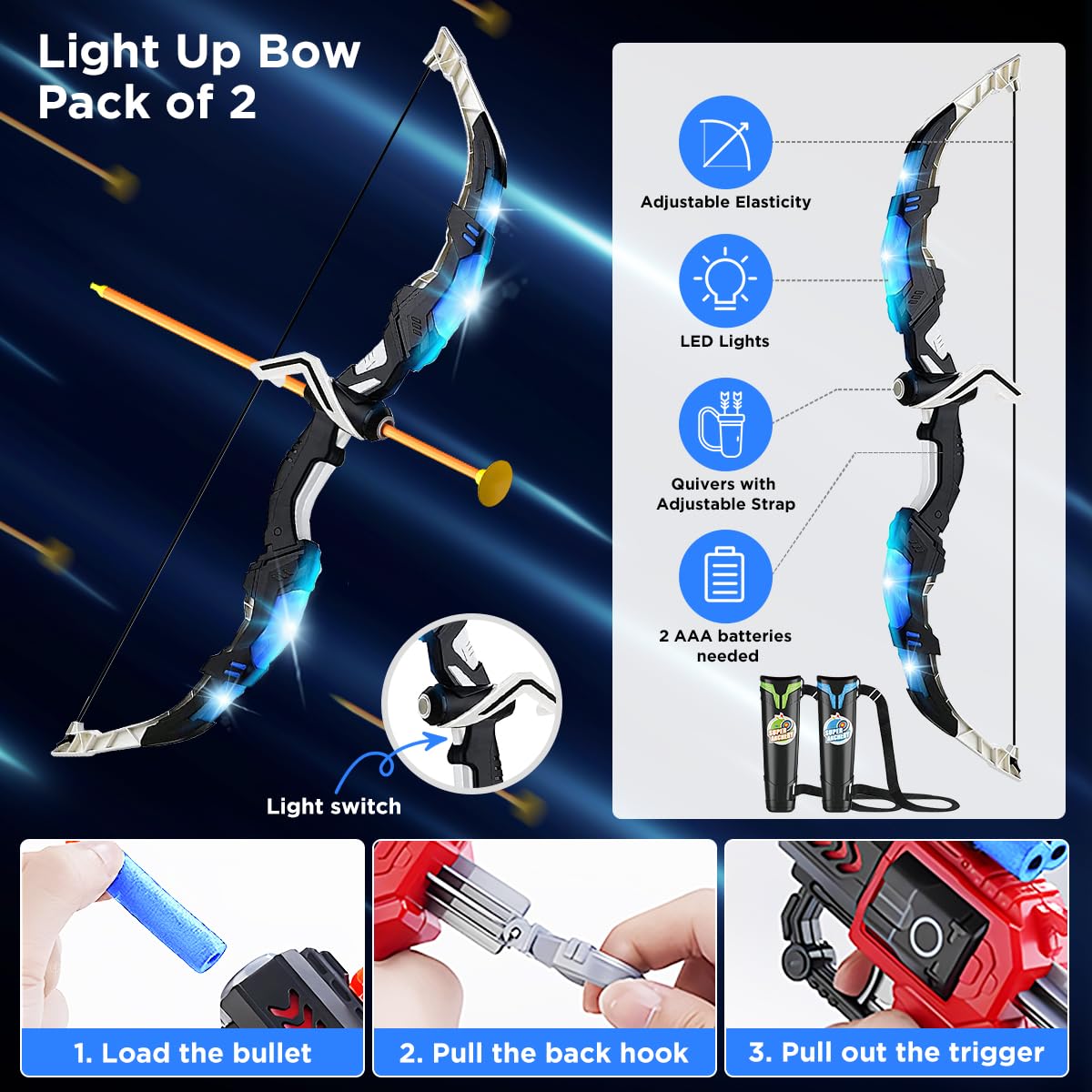 VATOS 2 Pack Bow And Arrow Toy With LED Light-4 In 1 Archery & Dart Game Set With 20 Suction Cup Arrows, Shark Glow Target & Dart Board - Indoor Outdoor Birthday Gift For Kids Boys Girls Ages 5-12 — image 5