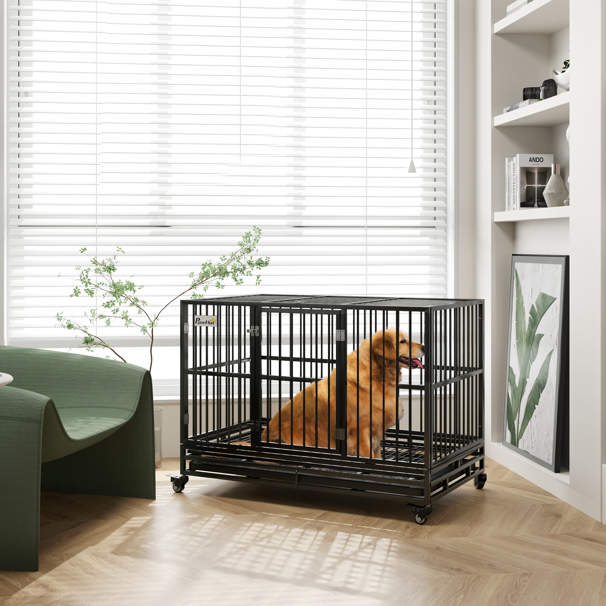 48" Heavy Duty Dog Crate Metal Cage Kennel with Lockable Wheels, Double Door and Removable Tray, gray — imagen 2