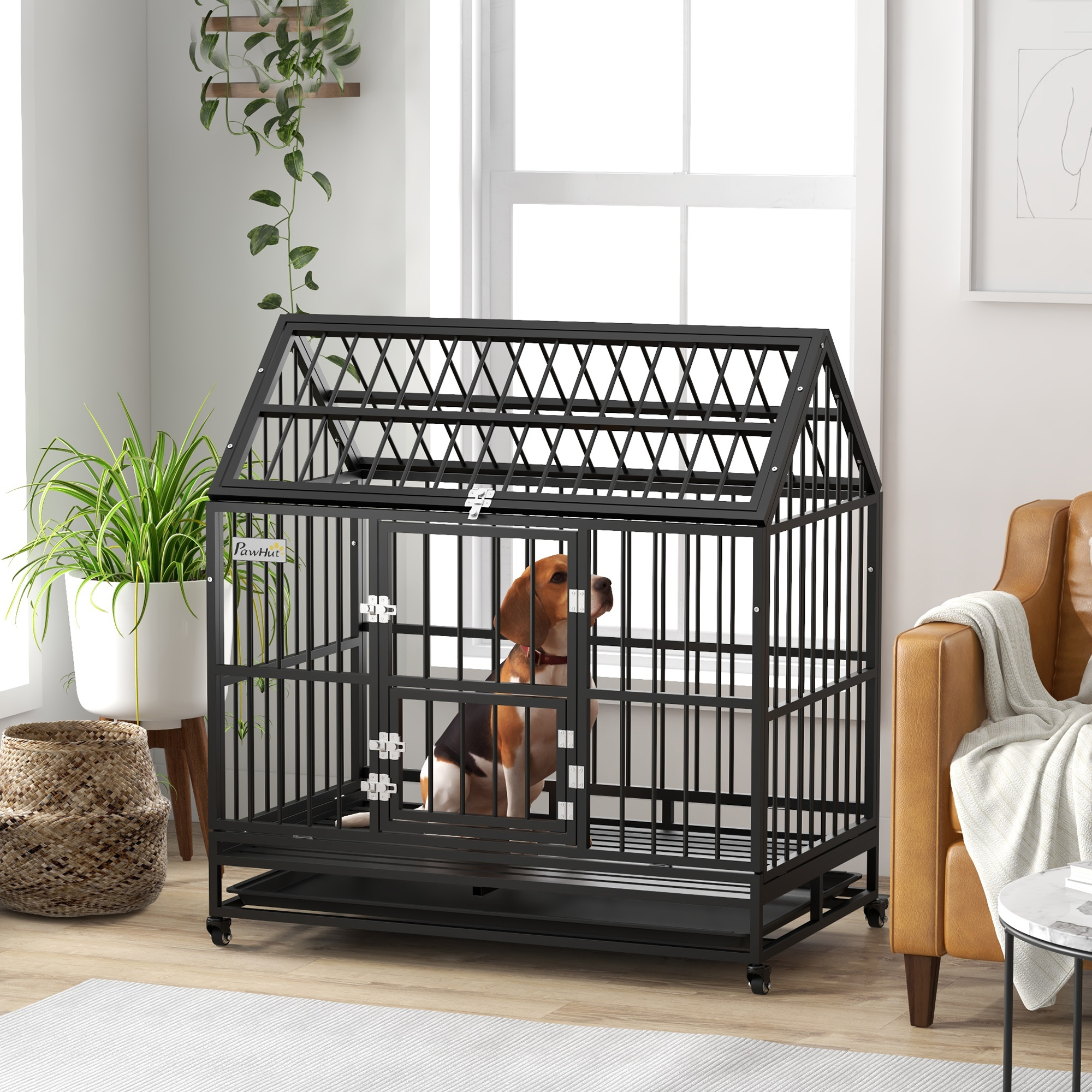 48" Heavy Duty Dog Crate with 4 Lockable Wheels, Double Doors, and Removable Tray, for XL and L Dogs — imagen 3
