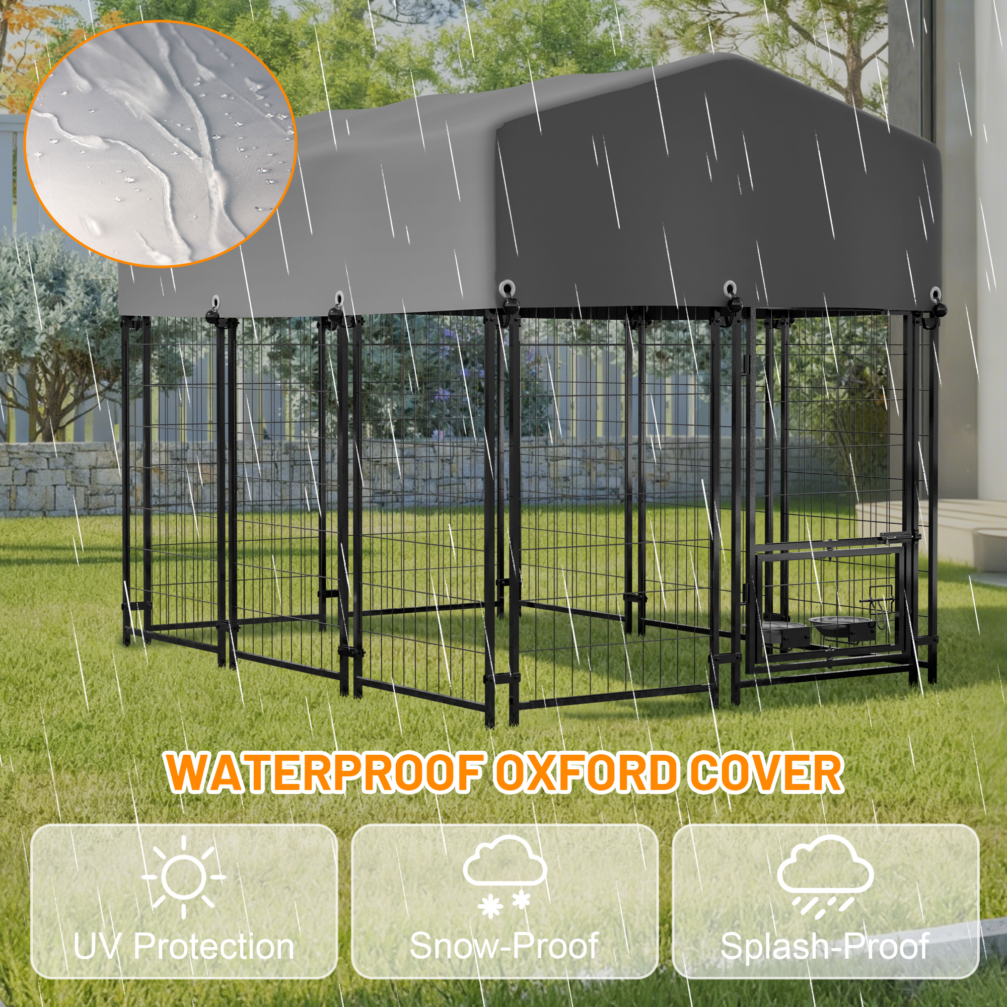 Casa para Perros Exterior con Techo, 4.23'x5.82'x4.83' Encierro de Alambre Soldado, Caja para Perros Resistentes con Cubierta Resistente a UV y Agua, Doble Bloqueo &amp; Comedor Rotativo — imagen 2
