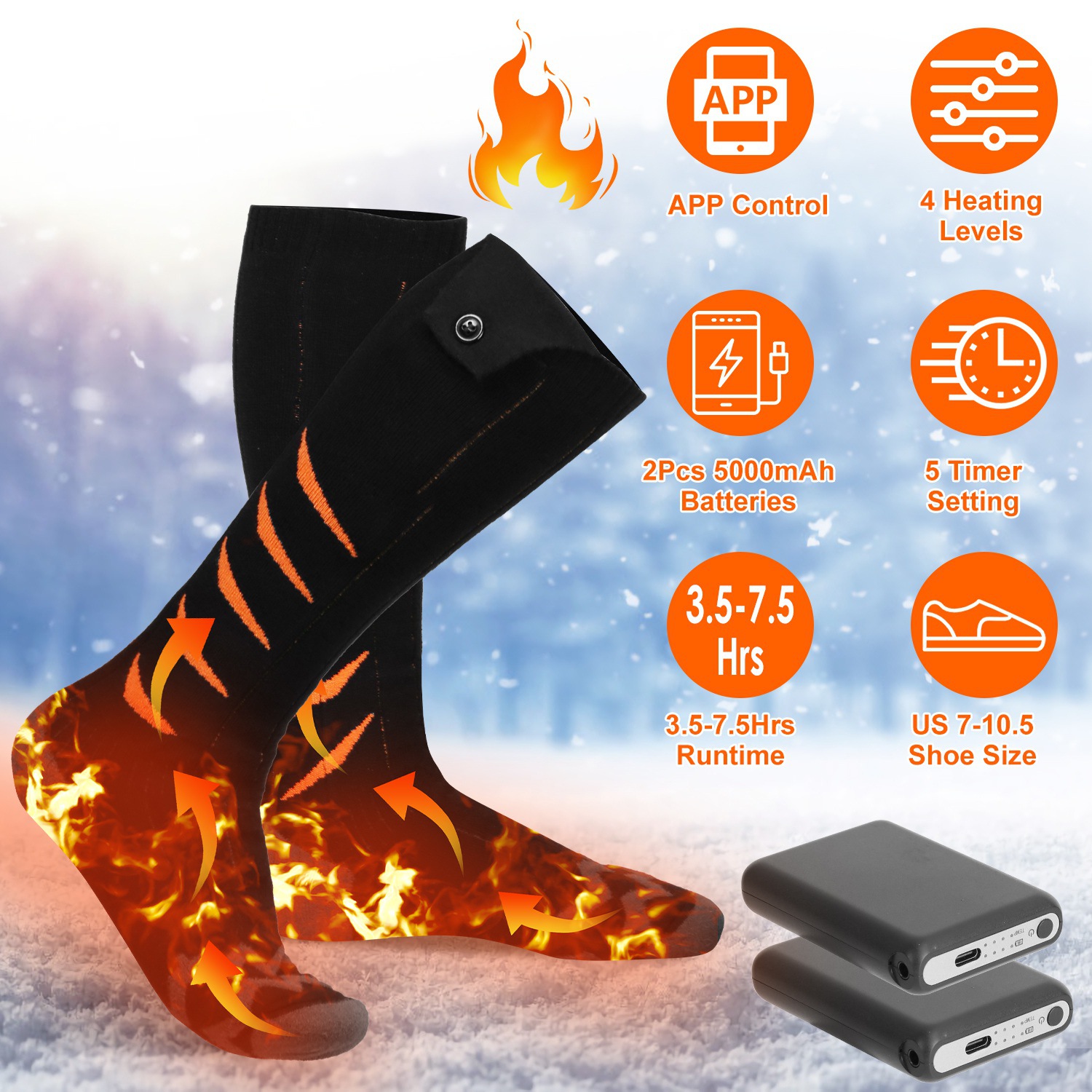 2 Opciones de Tipo - 1 Par de Calcetines Térmicos para Hombre y Mujer, Calcetines Eléctricos Calefactables con Control por APP, Batería Recargable de 5000mAh, Calcetines Térmicos de Invierno para Esquí, Senderismo, Camping y Caza — imagen 1