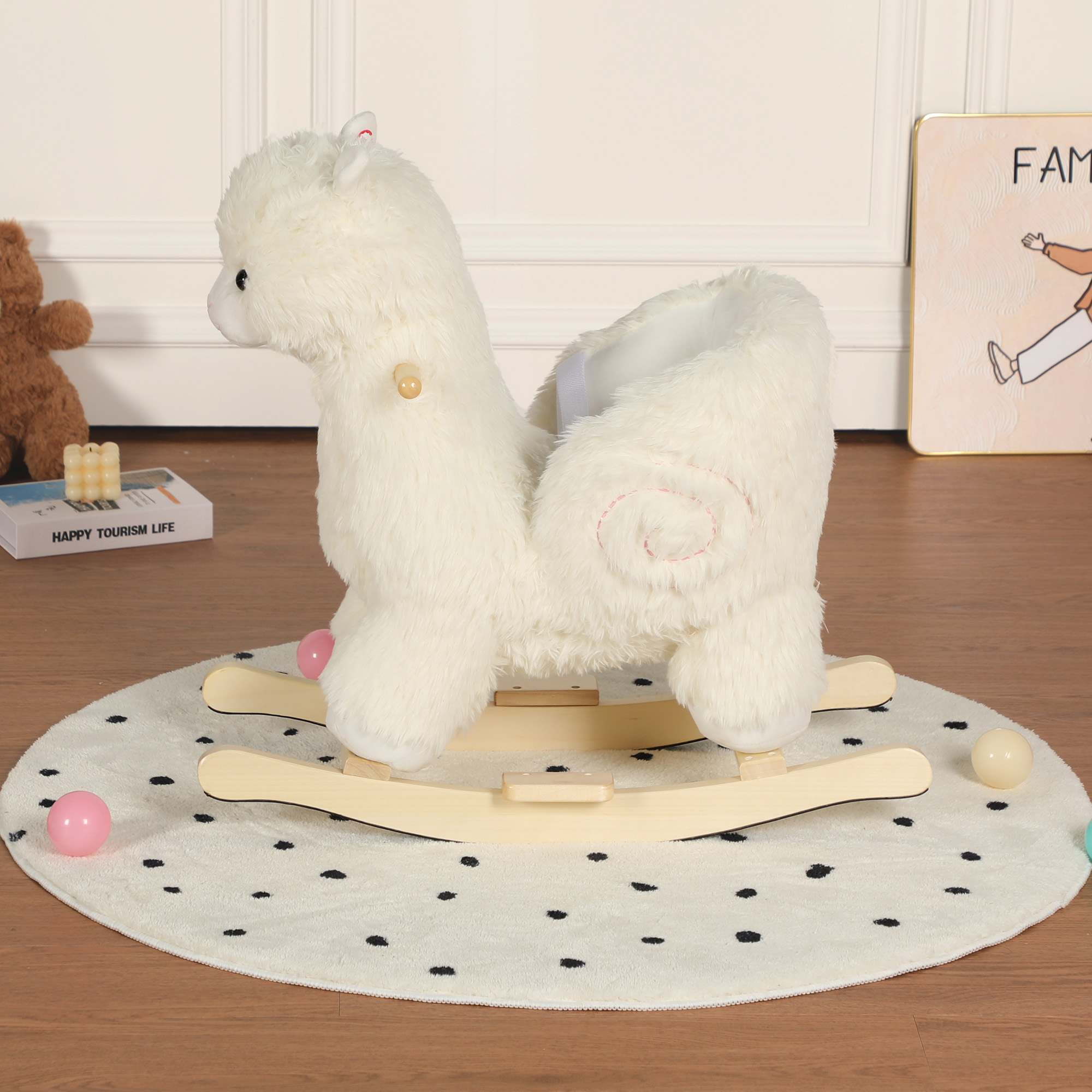 Kids Ride-On Rocking Horse Toy With Lullaby Song, Alpaca Rocking Toy With Hand Puppets And Safety Belt For Children 1-3 Years, Soft Plush Fabric, White, CPC Certified — image 5
