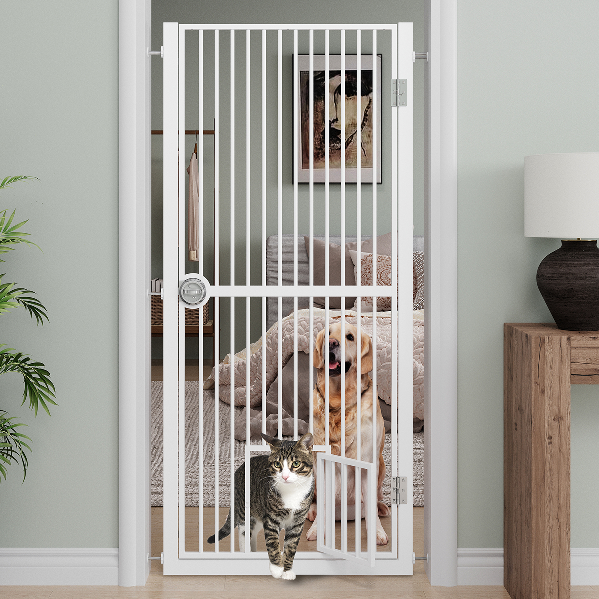 Puerta para Gatos Extra Alta de 61 Pulgadas para Pasillo, Ampliable 30.2-32.6 Pulgadas con Puerta para Perros y Gatos, Adecuada para Pasillos o Cocina, Kit de Montaje Sin Taladro Blanco — imagen 1