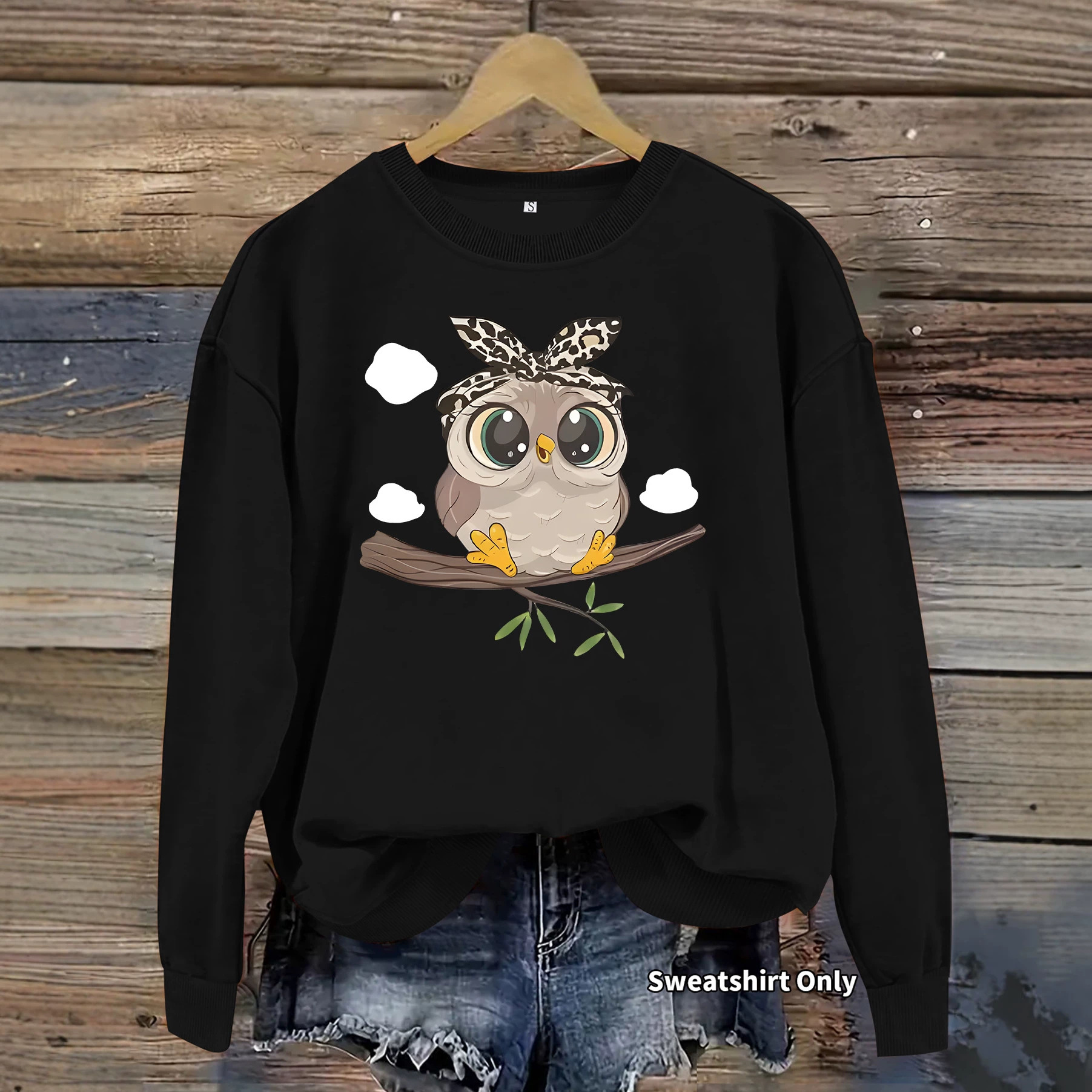 Owl white cloud print loose women's hoodie — image 6