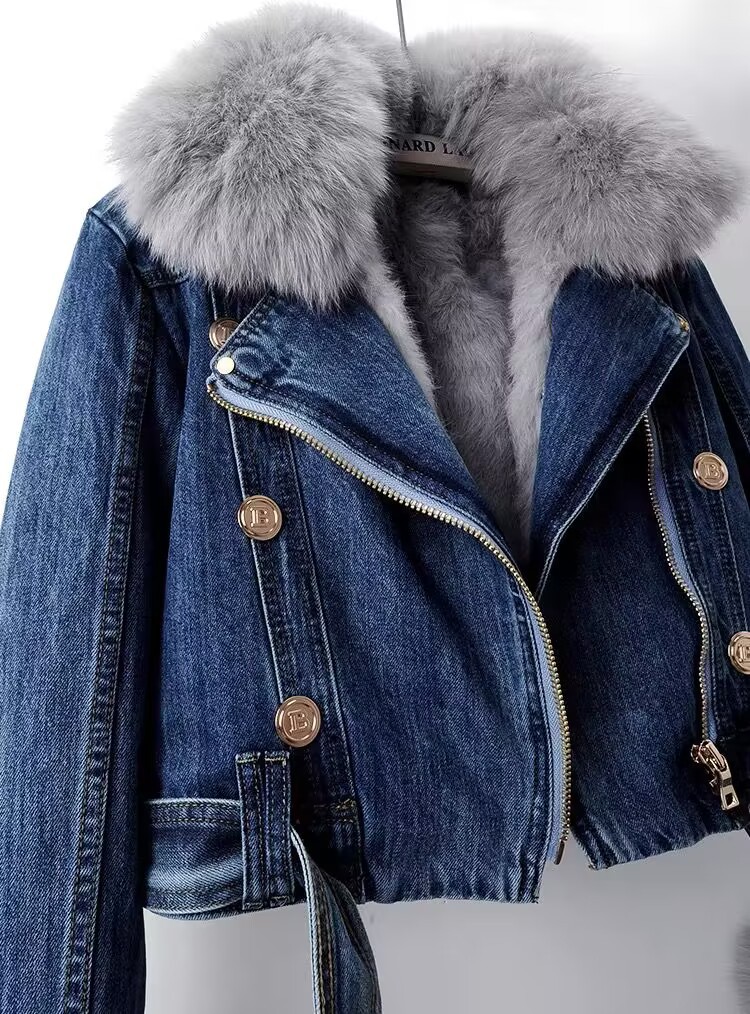 Chaquetón de Denim con Línea Removible de Pelo de Zorro y Conejo — imagen 2