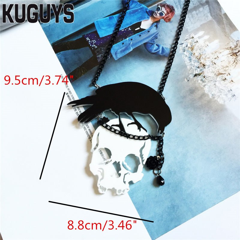 Joyas de Acetato de Moda para Mujer Negra con Cuervo y Calavera Blanca Pendiente Grande Cadena de Enlace Hip-Hop Rock — imagen 5
