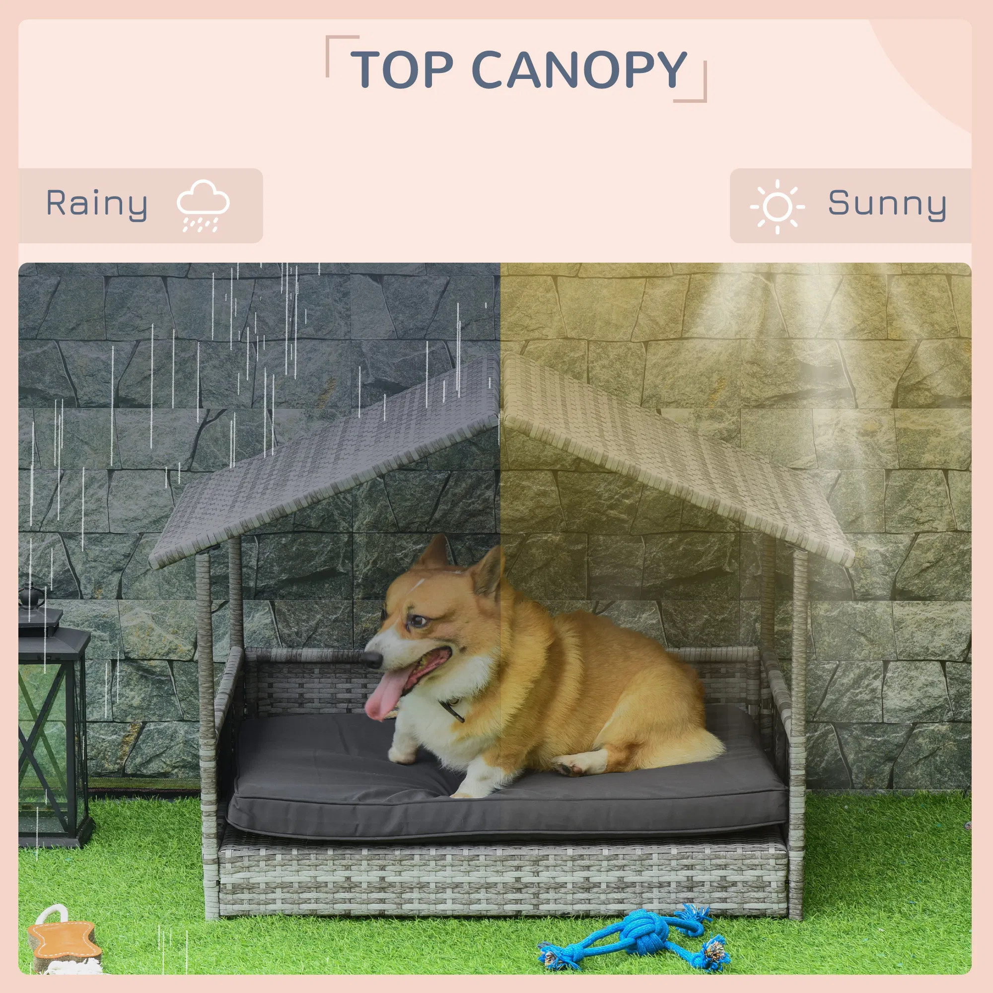 Wicker Pet House Dog Bed for Indoor/Outdoor Rattan Furniture with Cushion — image 5