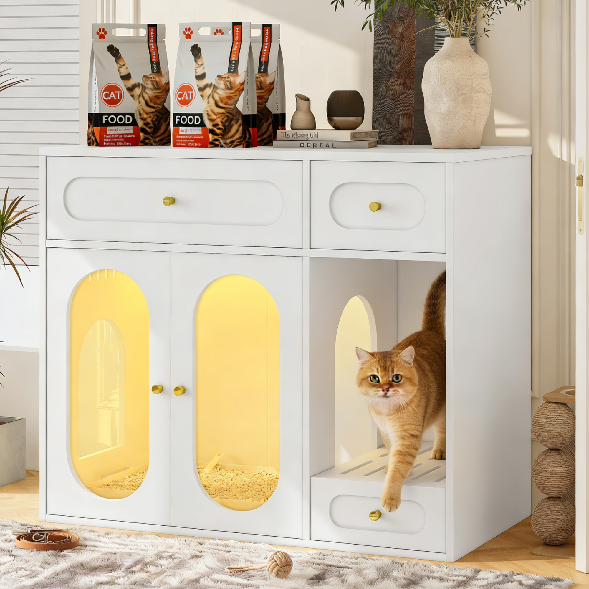 Caja de Limpieza para Gatos con Luz LED, Estante Oculto con Cajas de Almacenamiento, Adecuado para la Mayoría de las Cajas de Arena, Casa de Mascota Interior con Puertas Acrílicas, Mesa de Viva para Salón, Blanco — imagen 1