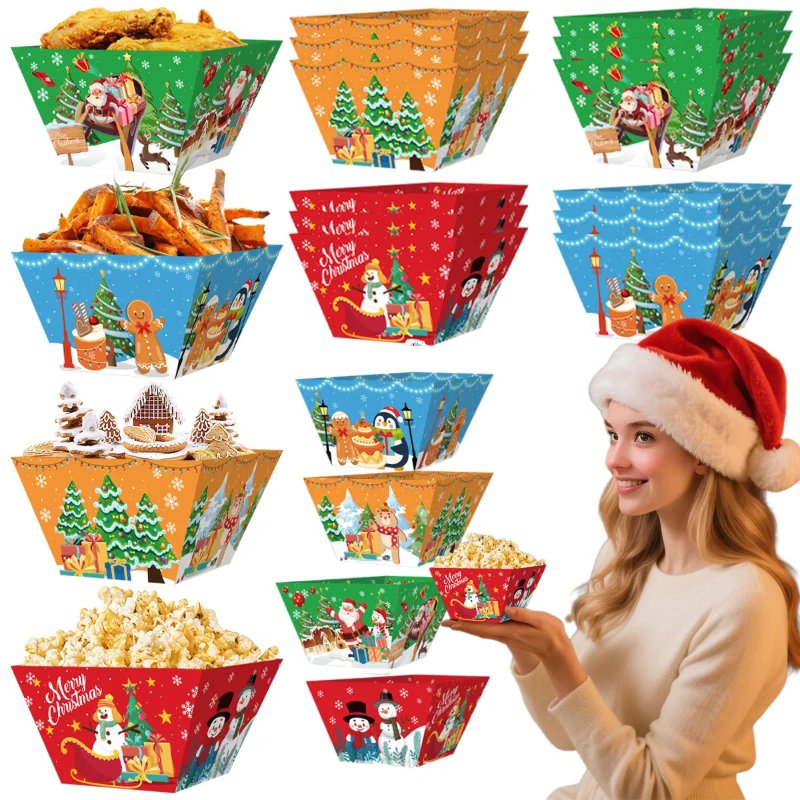 12 Pcs Christmas Paper Food Tray Tree Santa Gingerbread Elk Pattern Snack Bowl Xmas Party Disposable Paper Serving Tray Cute Popcorn Hot Dog Candy Container Boat For Winter Xmas Carnivals Decorations — image 1