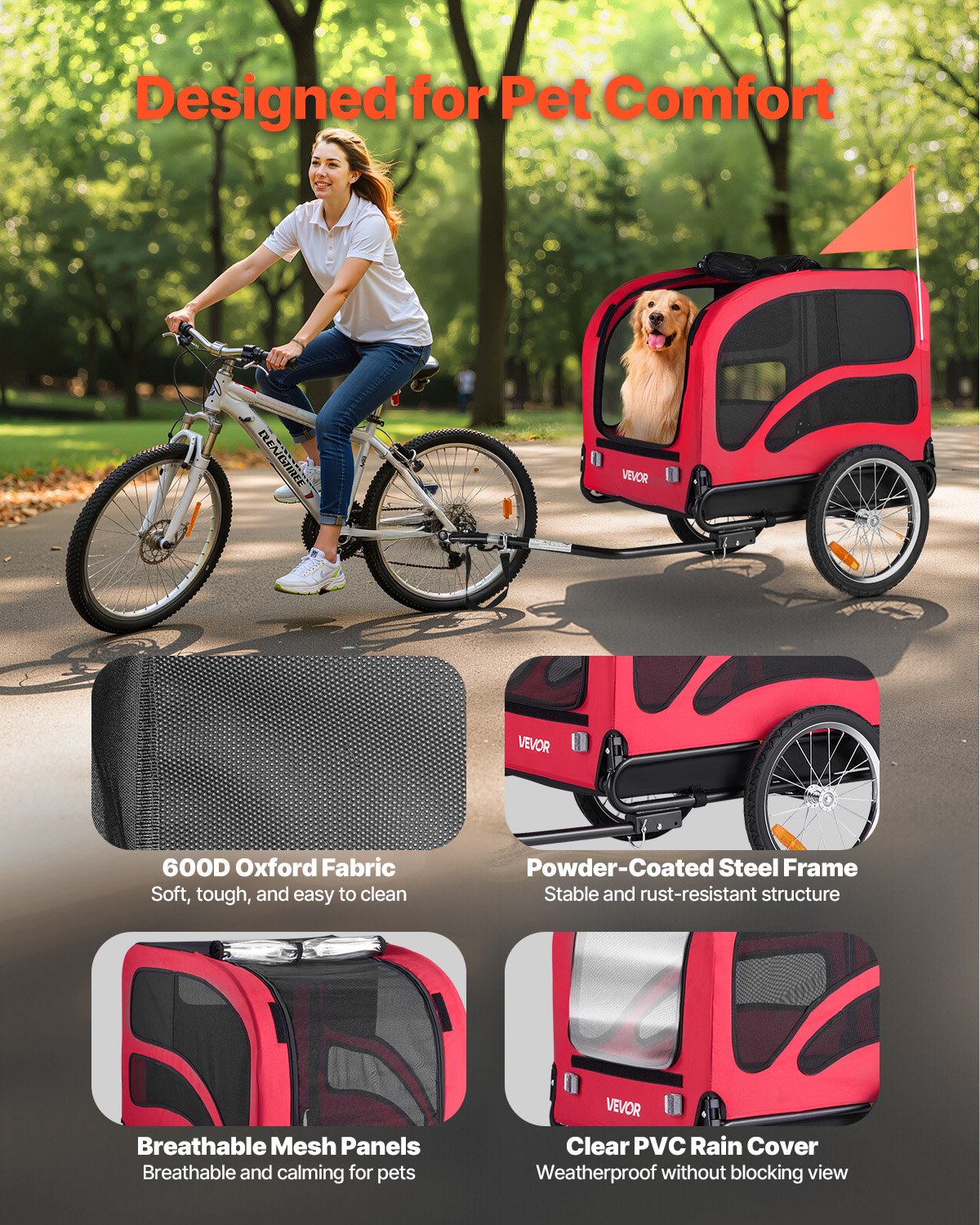 Dog Bike Trailer, Supports Up To 100 Lbs, Pet Cart Bicycle Carrier For Small & Large Dogs, Easy Folding Frame With Quick Release Wheel, Universal Bicycle Coupler, Reflector, Flag, Internal Leash — imagen 3