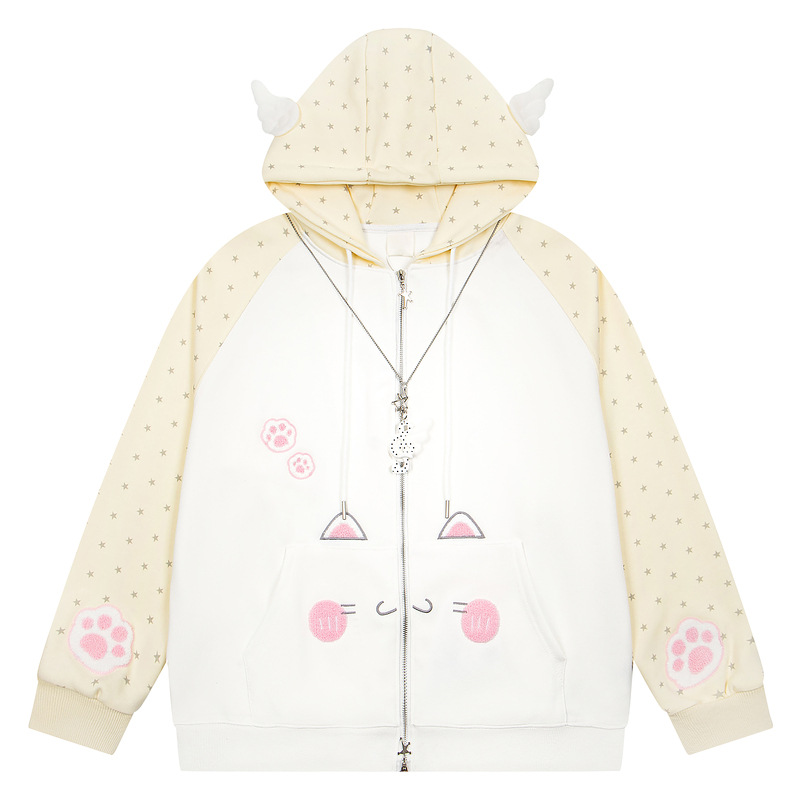 Cute cat face embroidered coat with gray and white color blocking — image 3
