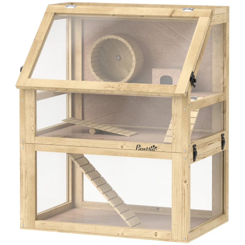 3 Tier Wooden Hamster Cage W Detachable Bottom, Hut, Seesaw, Exercise Wheel, Ramps — imagen 3