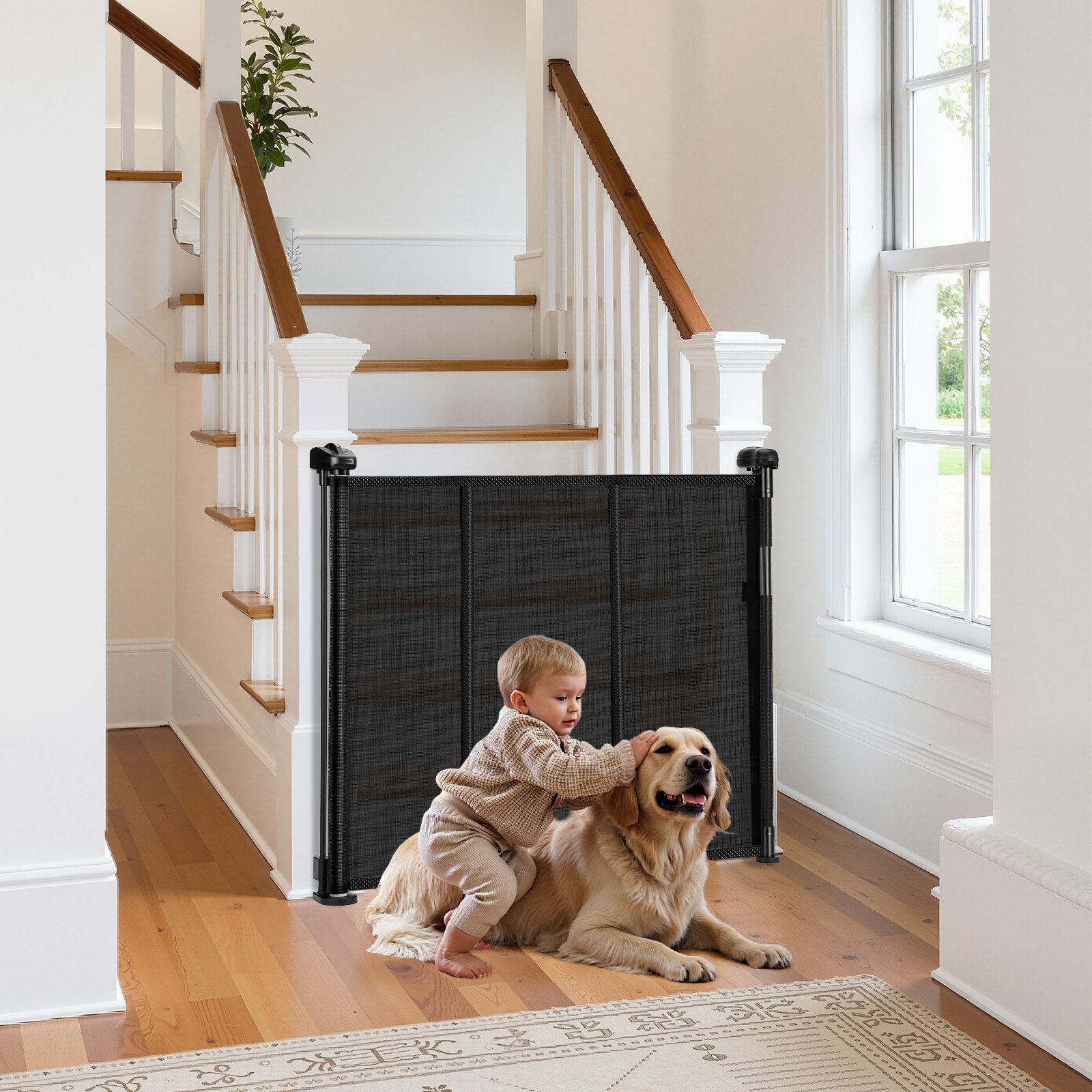 Puerta de seguridad retraible 86 cm de alto que se extiende hasta 180 cm ancho para niños o mascotas negro — imagen 3