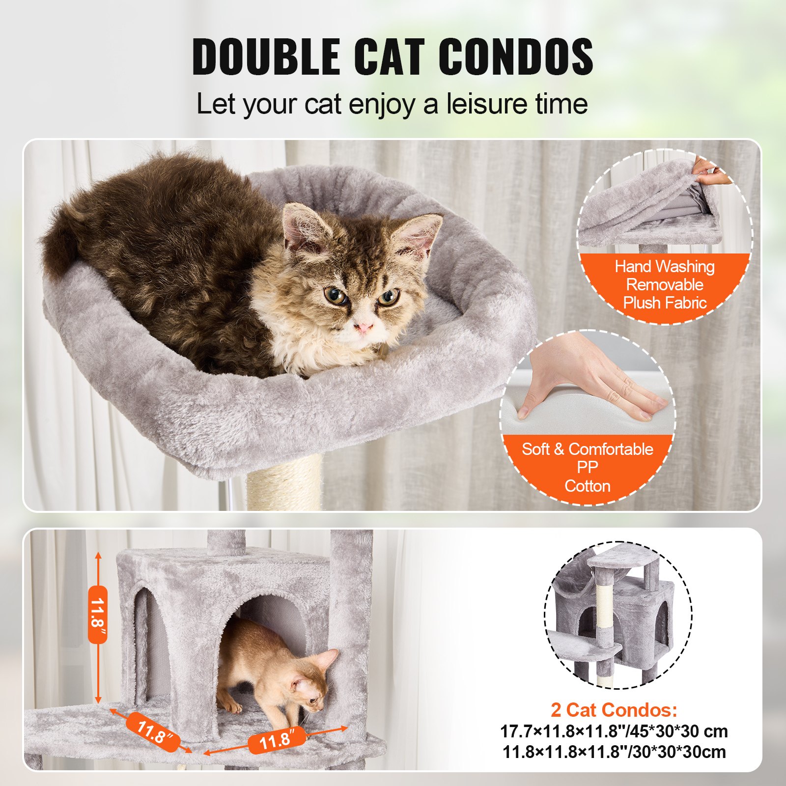 Árbol para Gatos de Interior, 72" Torre para Gatos con 2 Condos, Poste de Rastrillado Sisal, Hammock y Percha Superior, Plataformas Saltarinas, Centro de Actividad para Gatos Grande en Gris Claro — imagen 3