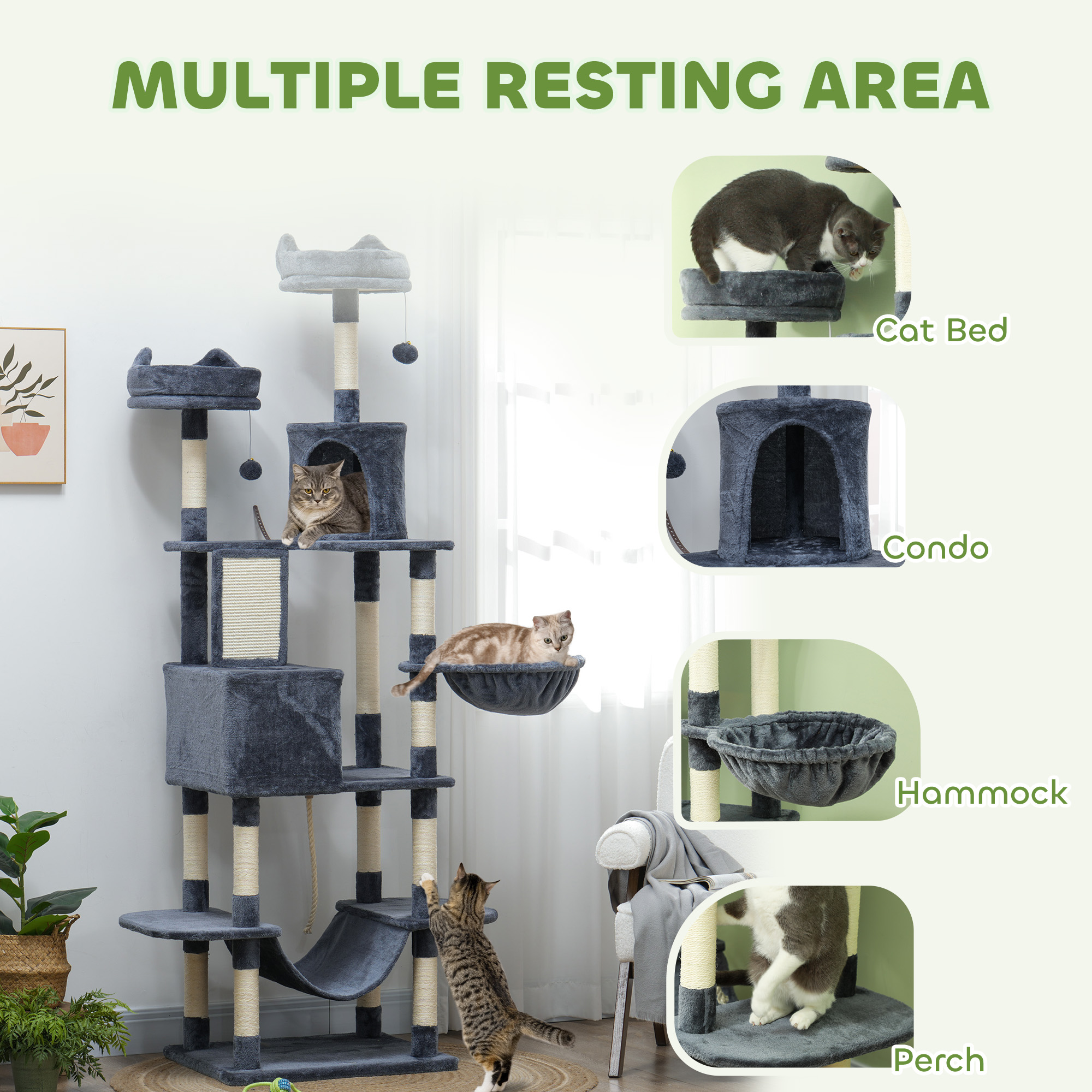 Rascador para Gatos de 81" con Postes Rascadores, Tabla Rascadora, Casitas, Camas, Hamacas, Pelotas de Juguete y Juguete de Cuerda, Gris — imagen 4