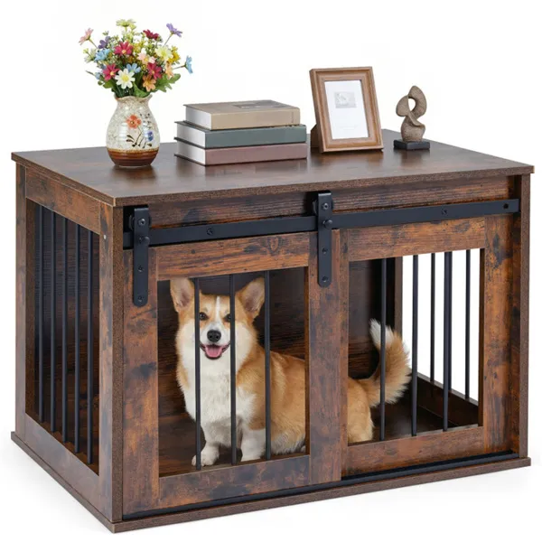 Jaula-Mueble para Perro de 31.5" con Puerta Corrediza Estilo Granero, Mesa Auxiliar/Casa para Perro de Madera para Interiores - Marrón Rústico — imagen 1