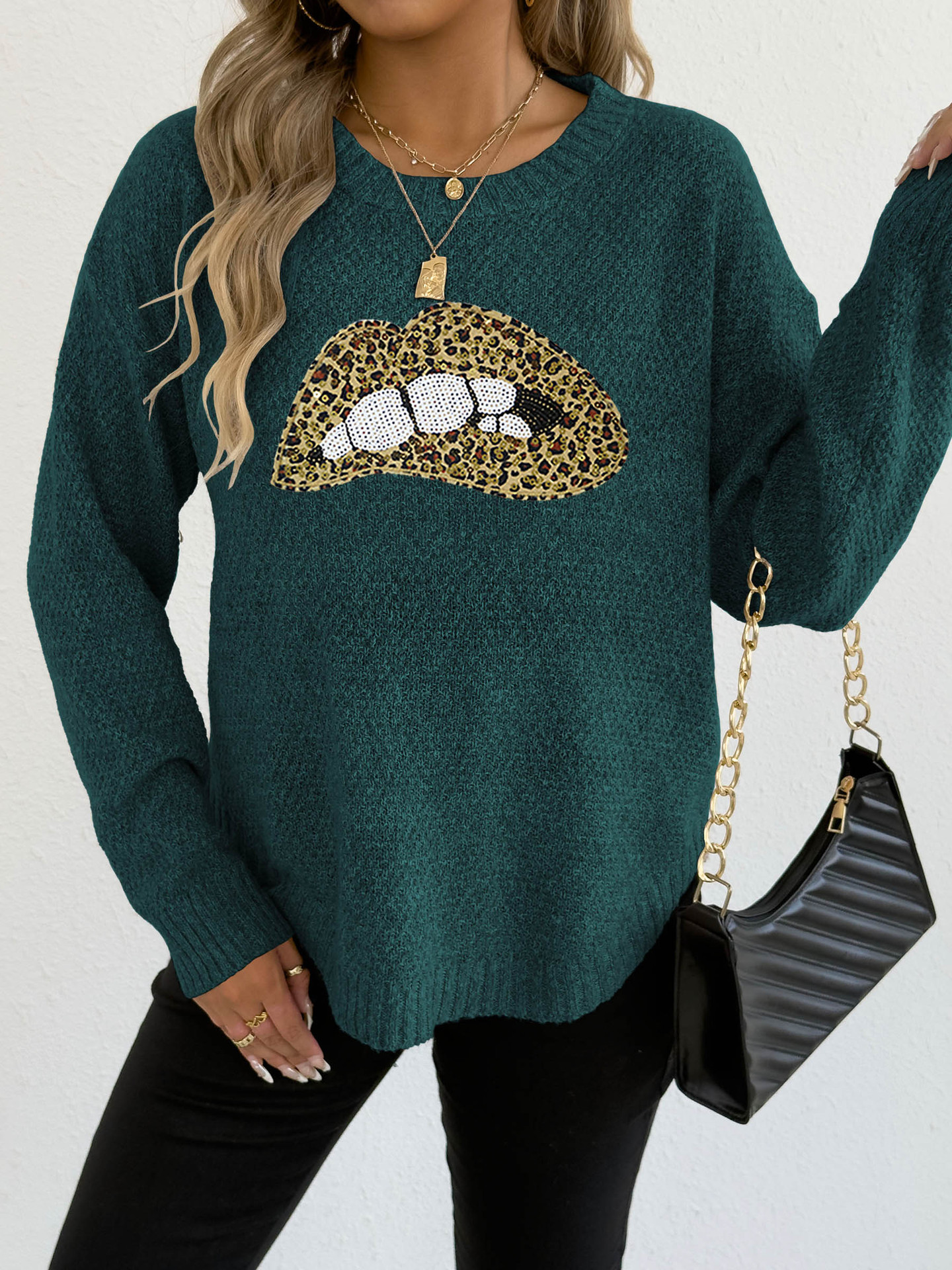 Women's leopard print embroidered sequin lip design round neck pullover sweater — image 10