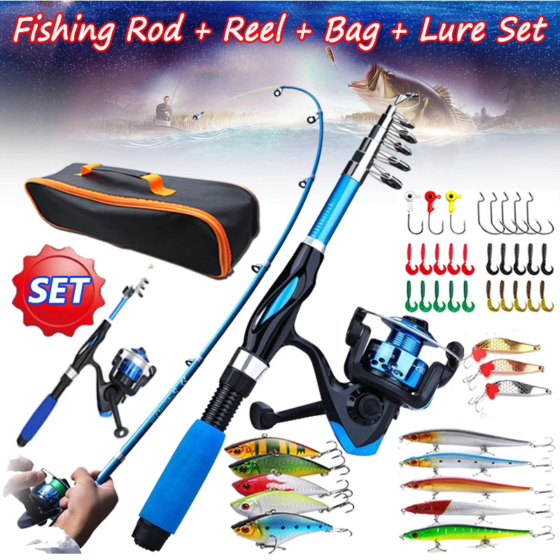 Kits completos de caña de pescar 1.2M telescópica, carrete de spinning, señuelos, set de señuelos, equipo de pesca de viaje, accesorios, bolsa, principiante, 6 opciones — imagen 1