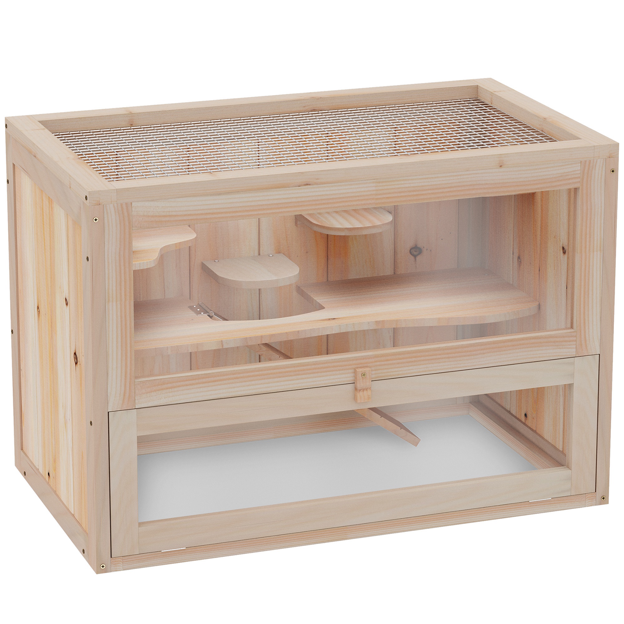 Hábitat para Hámster de 2 Niveles con Puerta Superior y Frontal Abatible, Estante, Escalera, Estructura Estable de Madera de Abeto, Madera Natural — imagen 7