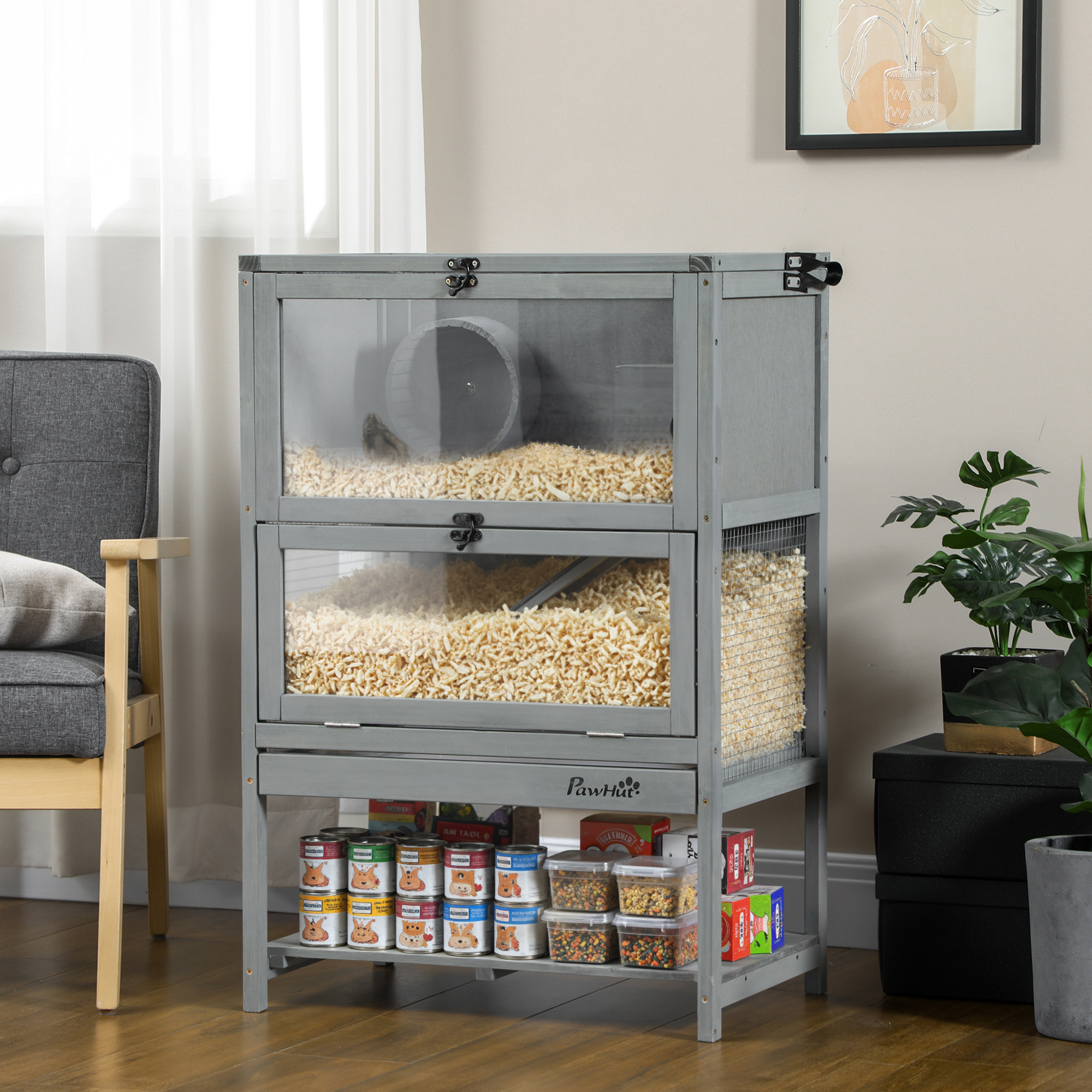 Caja de Madera para Hámsters con Estante de Almacenamiento, Gran Habitat para Ratas y Ratones con Señal de Vuelo, Caja para Pequeños Animales con Plataforma Deslizante, Rampas Anchas para Carreras, Rueda de Correr, 35.5" H — imagen 2