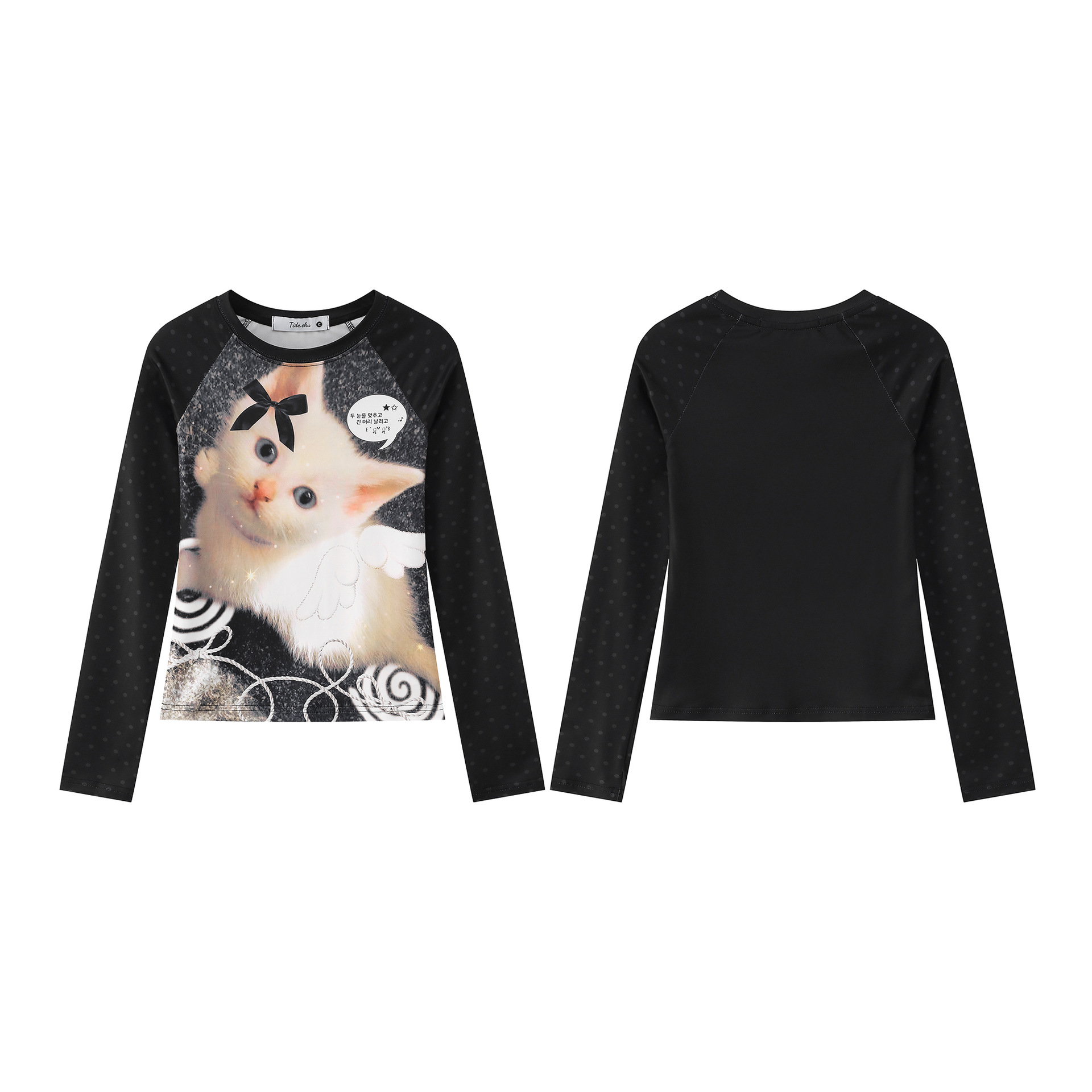 Y2K Polka Dot Cat Print Raglan Long Sleeve Crop Sweatshirt — image 5