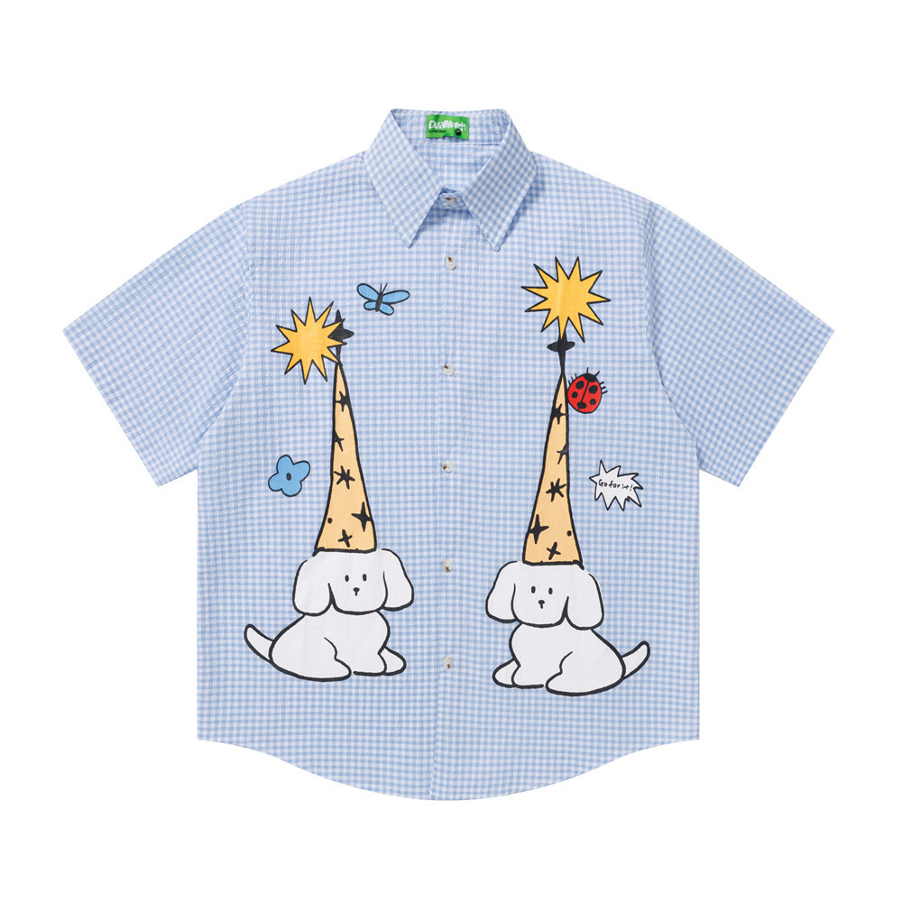 Fun cartoon dog print checkered short sleeved shirt — image 1