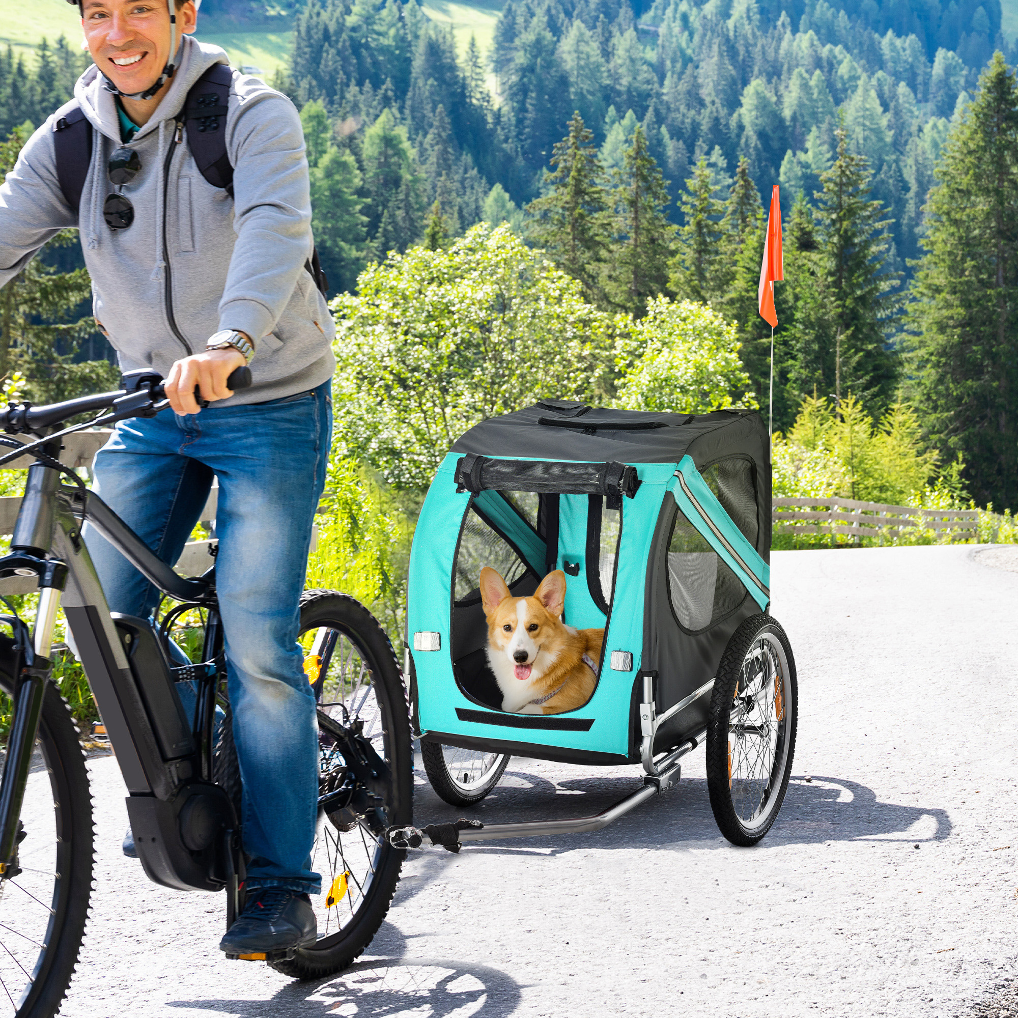 Trailer de bicicleta para perros con 3 entradas, ruedas grandes, verde — imagen 3