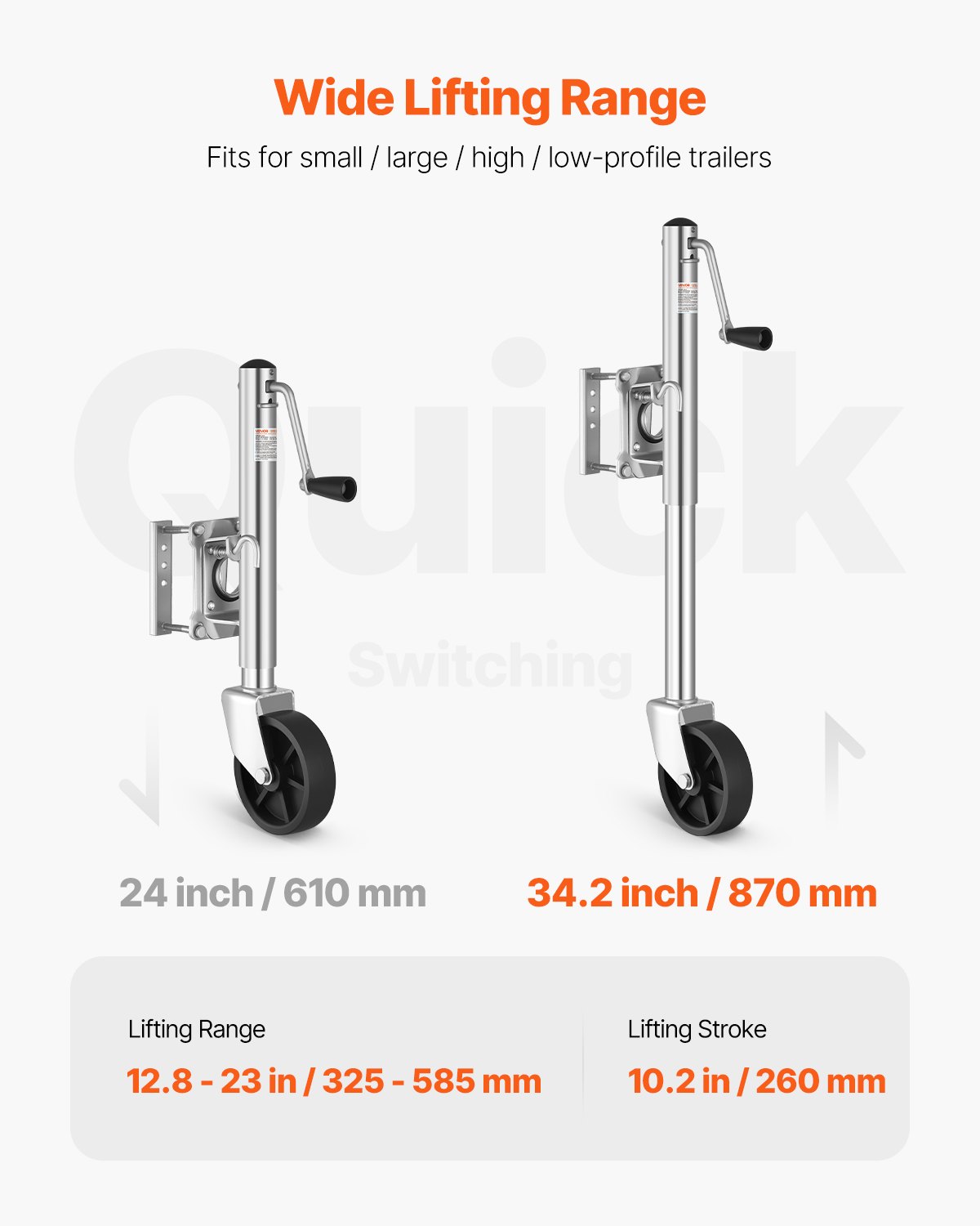 Trailer Jack With Wheel, 1000 Lbs Load Capacity, Heavy Duty Swivel Boat Trailer Jack With PP Single Wheel & Ergonomic Handle, 10-inch Lift, Fit For RVs, Boats, Horse Trailers, Utility Trailers — image 3