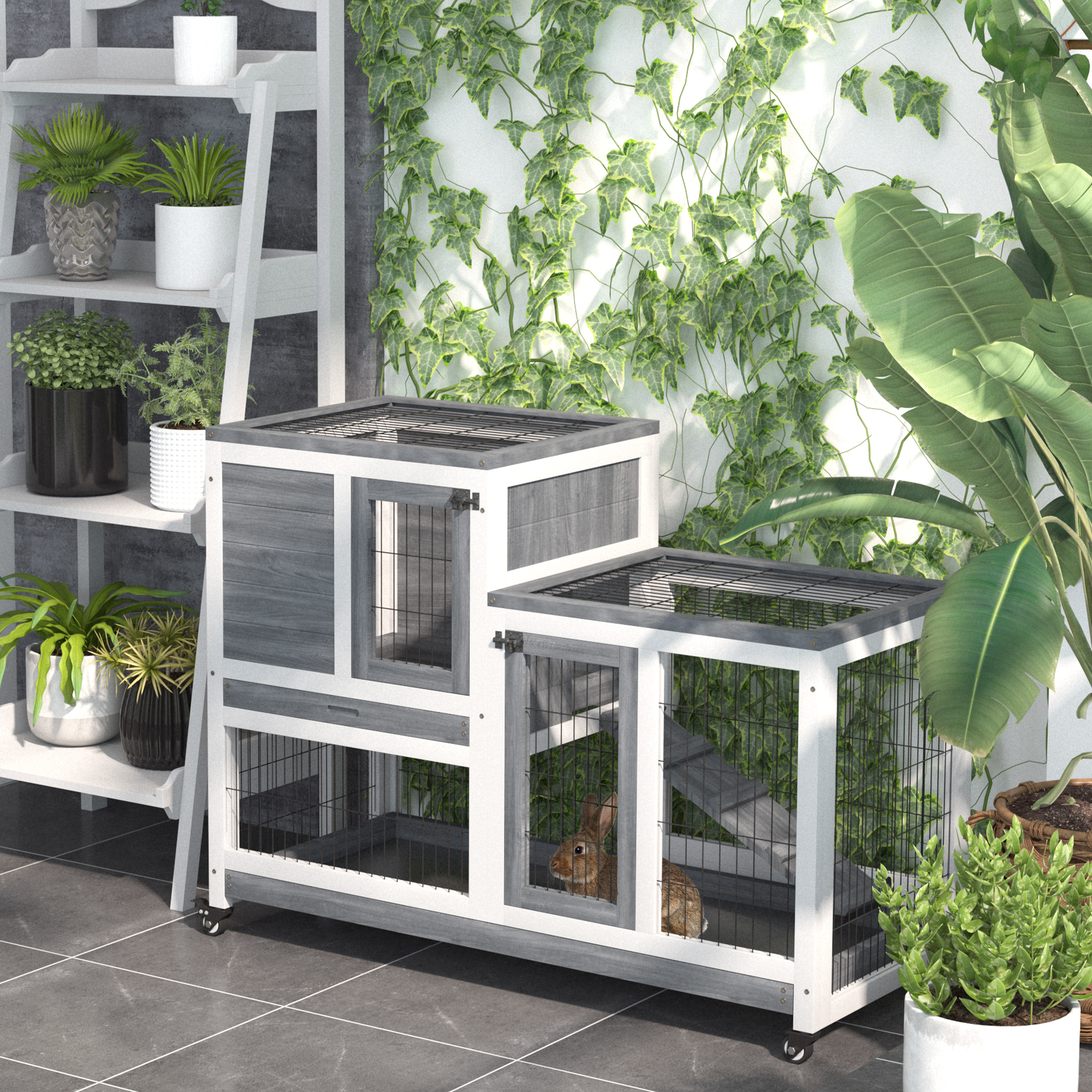 Wooden Rabbit Hutch Elevated Bunny Cage Indoor Small Animal Habitat with Enclosed Run with Wheels, Ramp, Removable Tray for Rabbits, Chickens, Ducks, Guinea Pigs, Gray — imagen 1